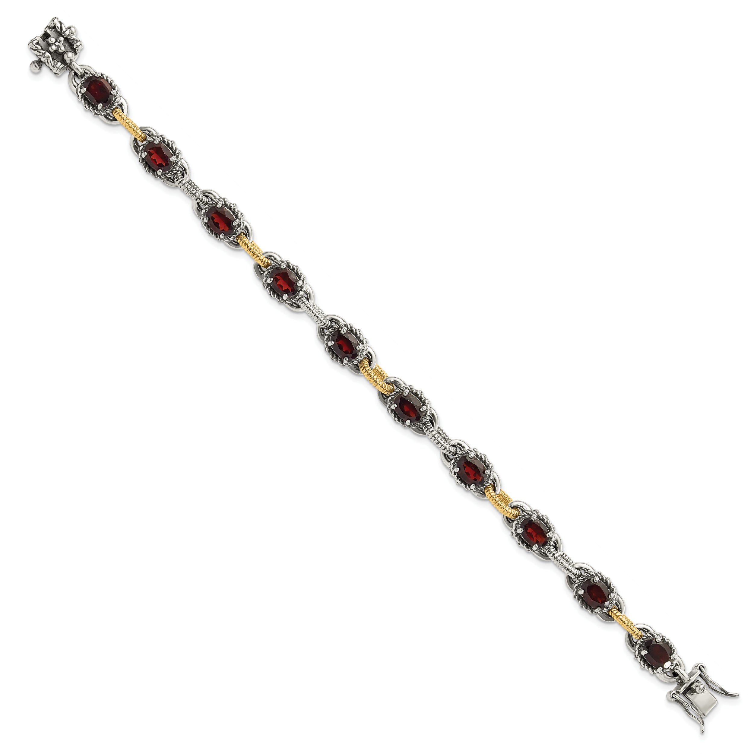 Sterling Silver w/ 14ky Accent Polished & Antiqued Garnet Link Bracelet