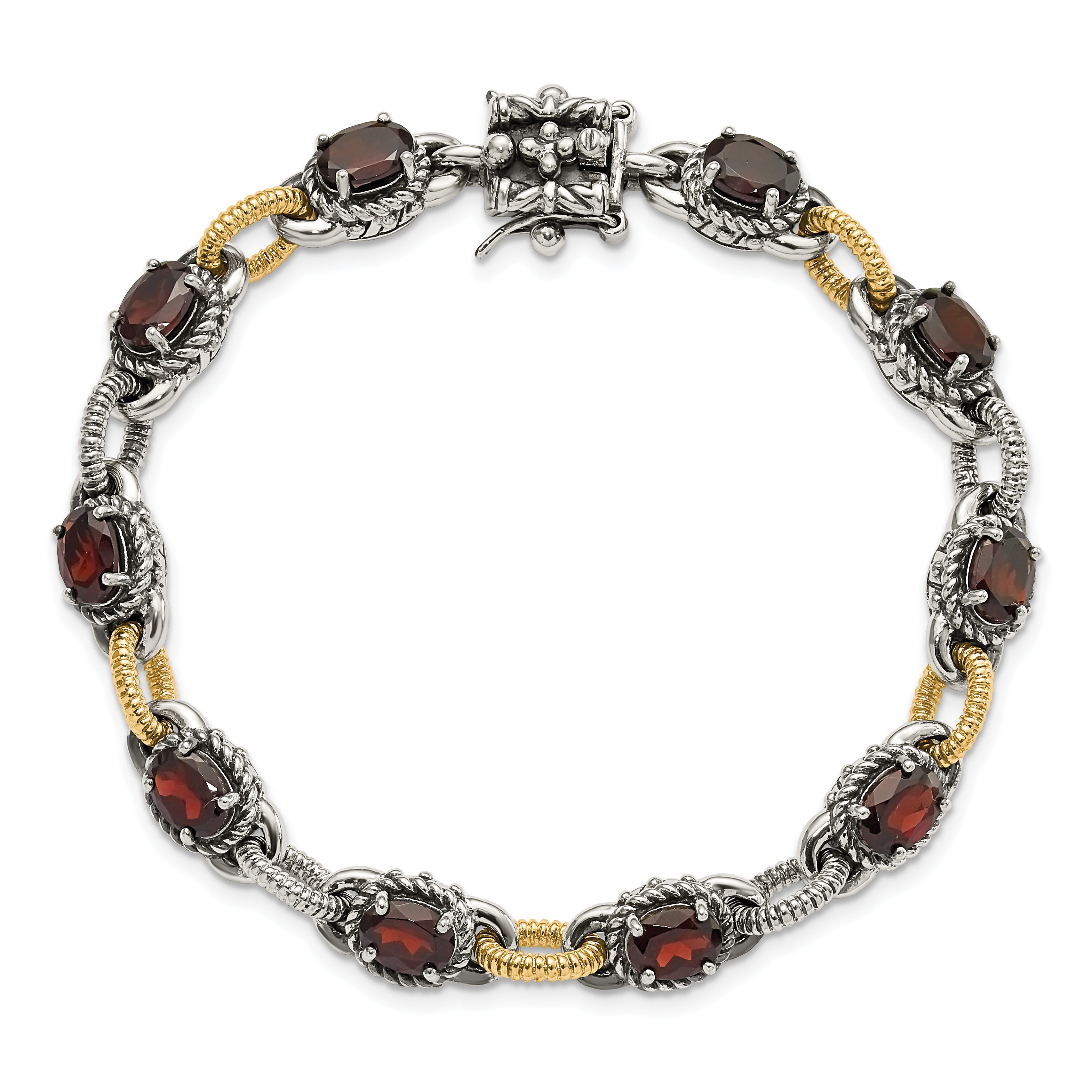 Sterling Silver w/ 14ky Accent Polished & Antiqued Garnet Link Bracelet