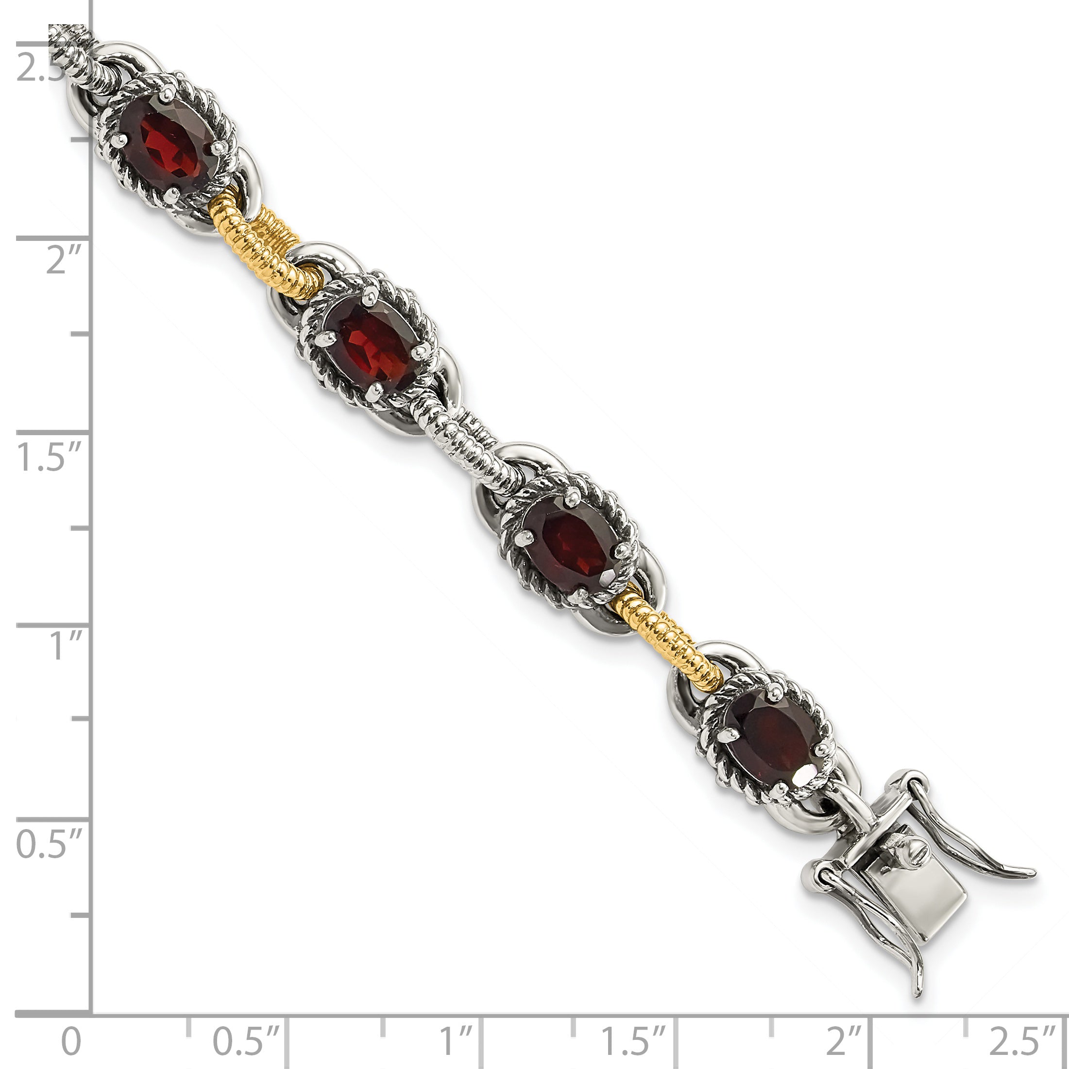 Sterling Silver w/ 14ky Accent Polished & Antiqued Garnet Link Bracelet