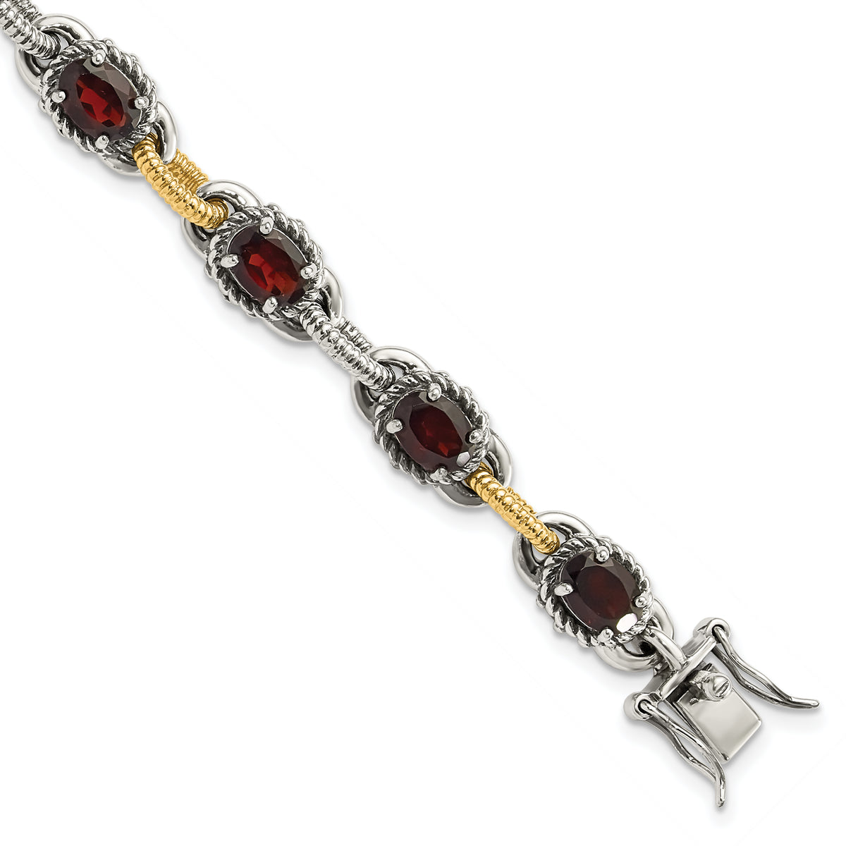 Sterling Silver w/ 14ky Accent Polished & Antiqued Garnet Link Bracelet