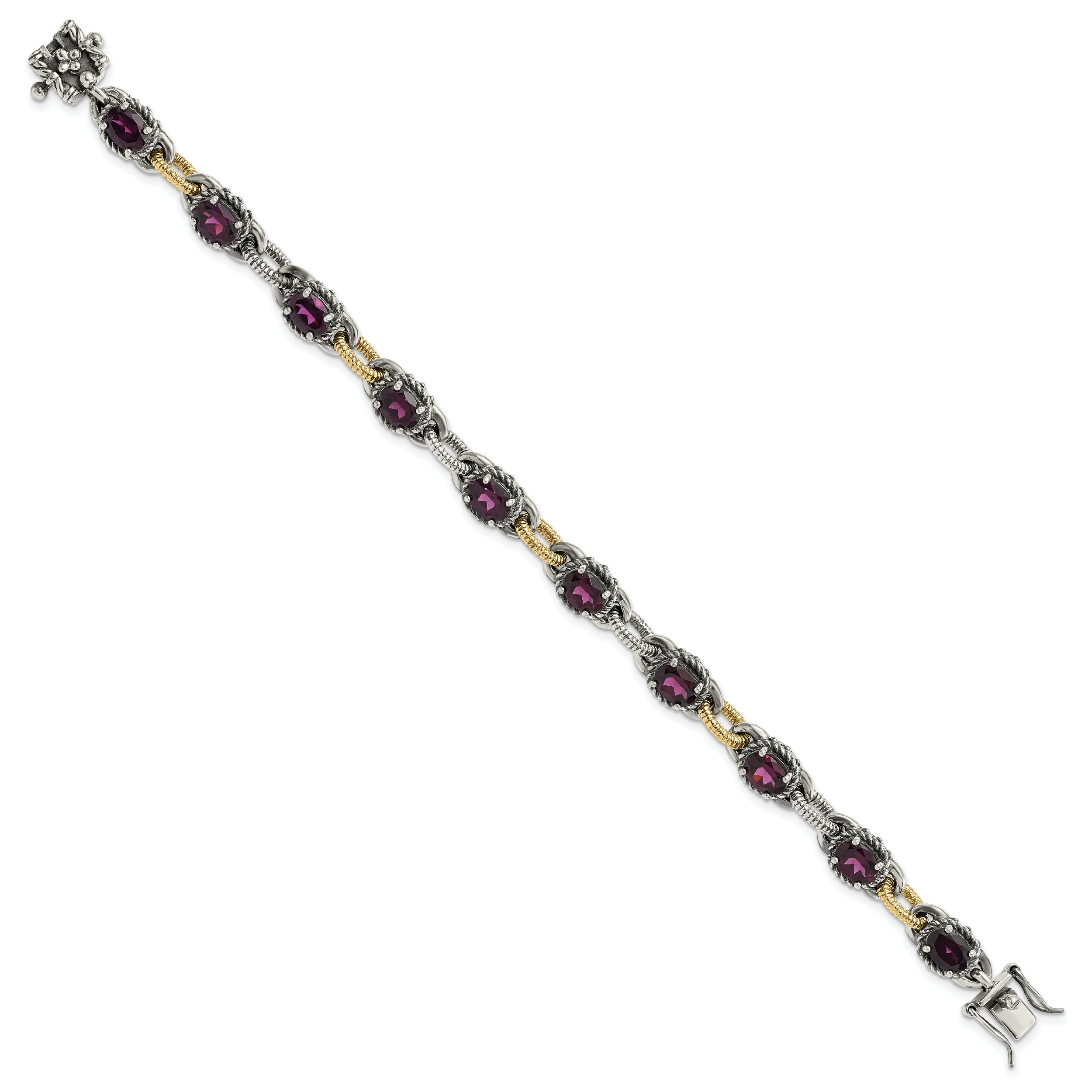 Sterling Silver w/ 14k Accent Antiqued Rhodolite Garnet Link Bracelet