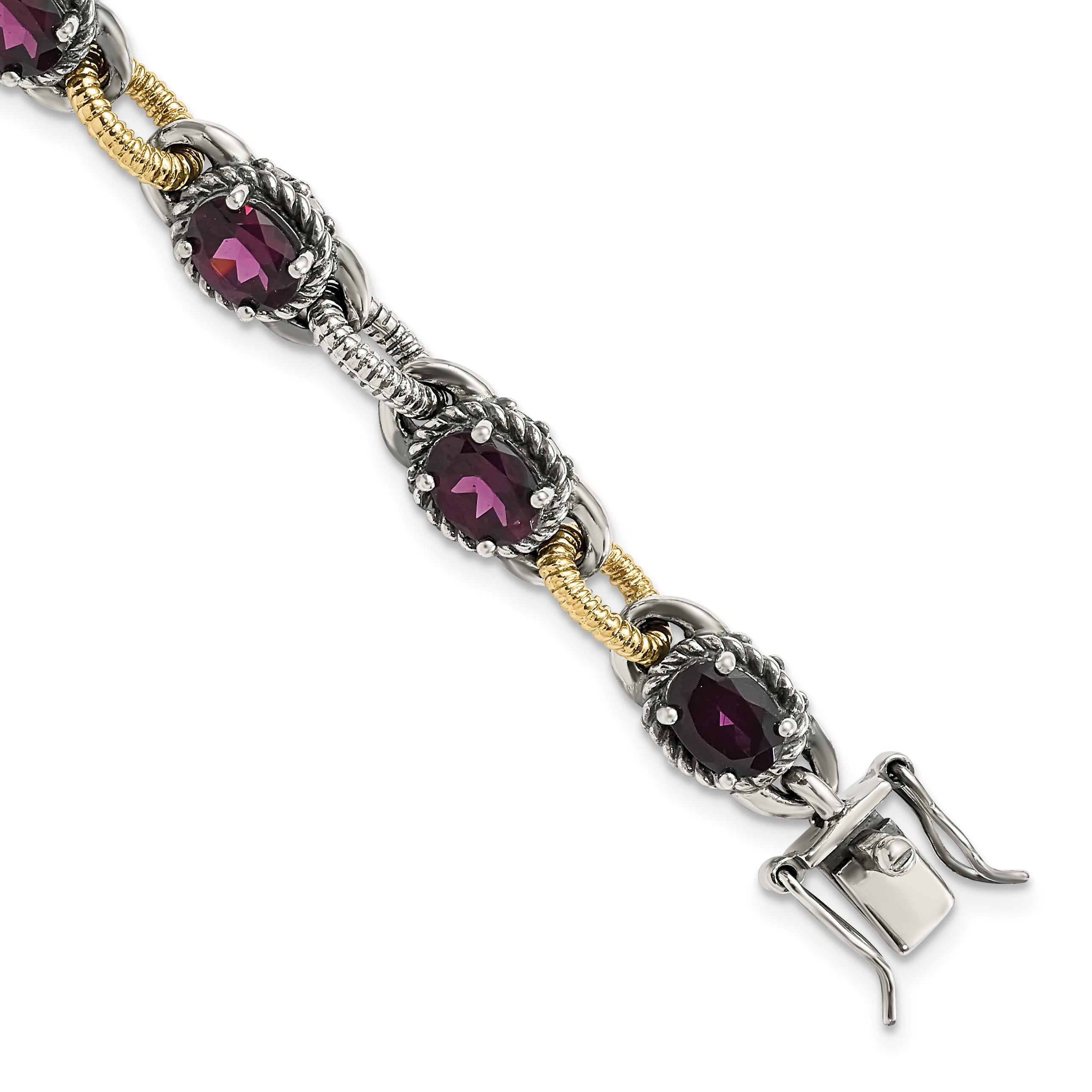 Sterling Silver w/ 14k Accent Antiqued Rhodolite Garnet Link Bracelet