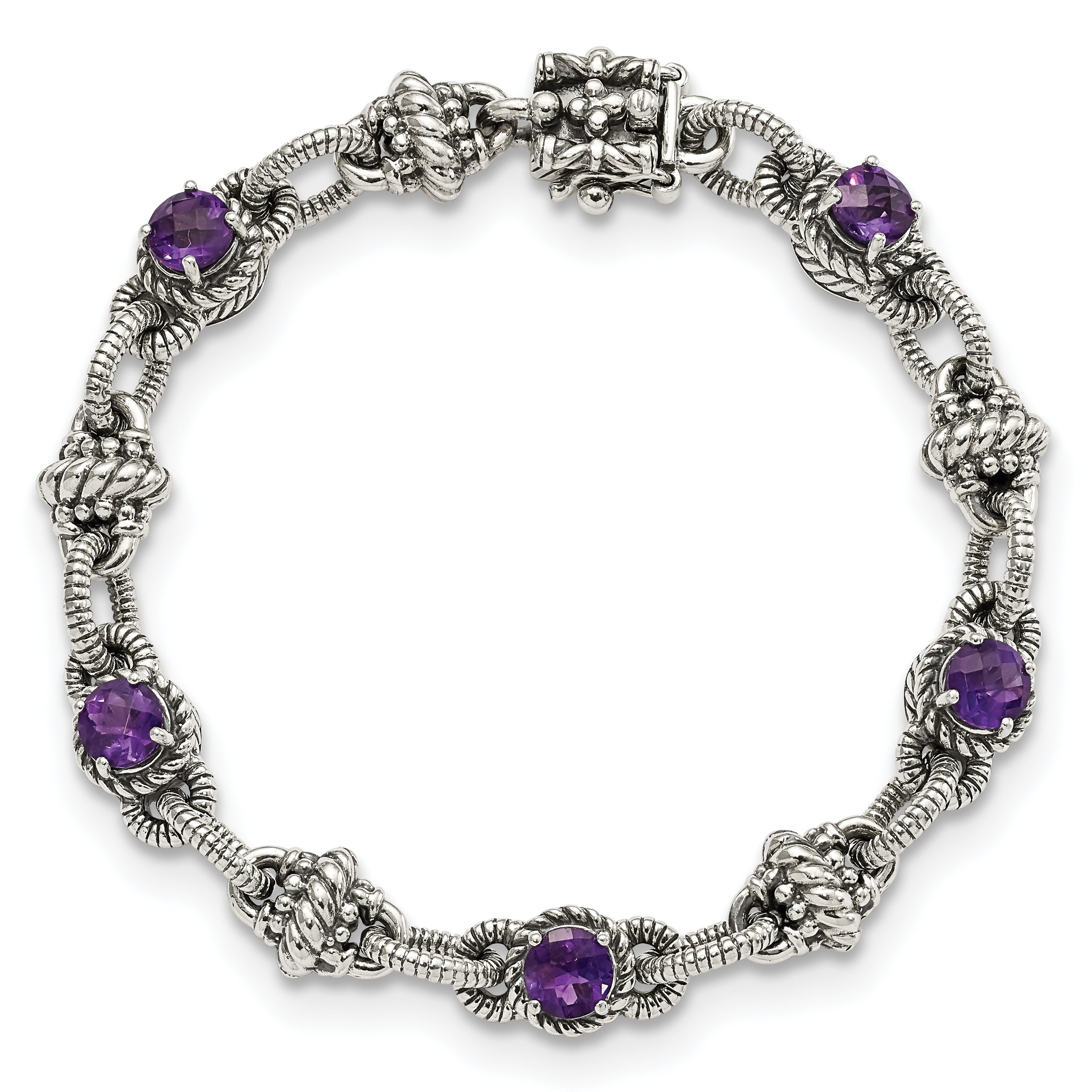 Shey Couture Sterling Silver Antiqued 7.75 Inch Round Amethyst Bracelet