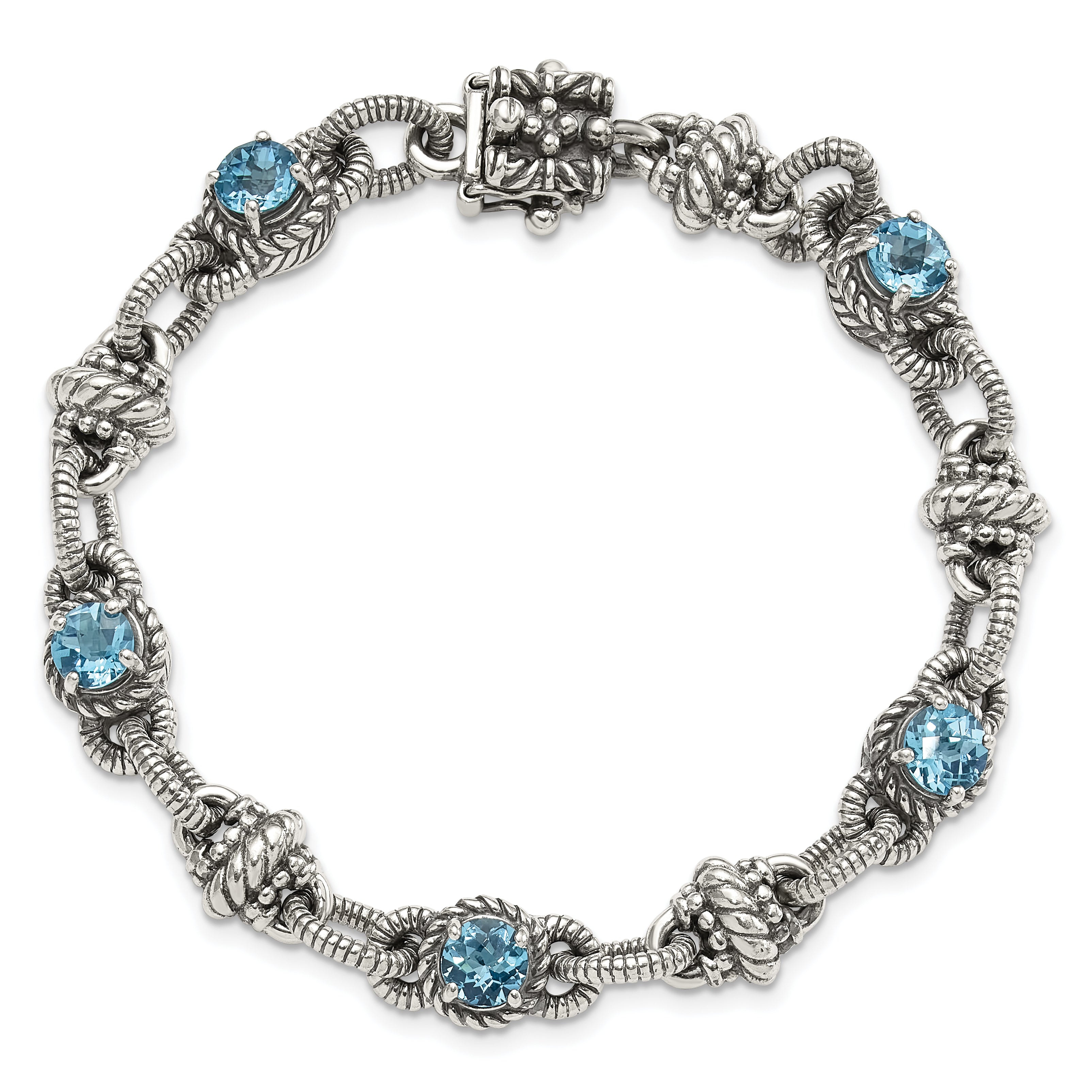 Shey Couture Sterling Silver Antiqued 7.75 Inch Round Swiss Blue Topaz Bracelet