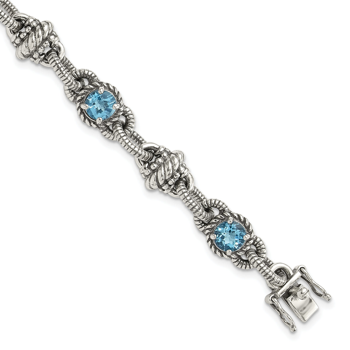 Shey Couture Sterling Silver Antiqued 7.75 Inch Round Swiss Blue Topaz Bracelet