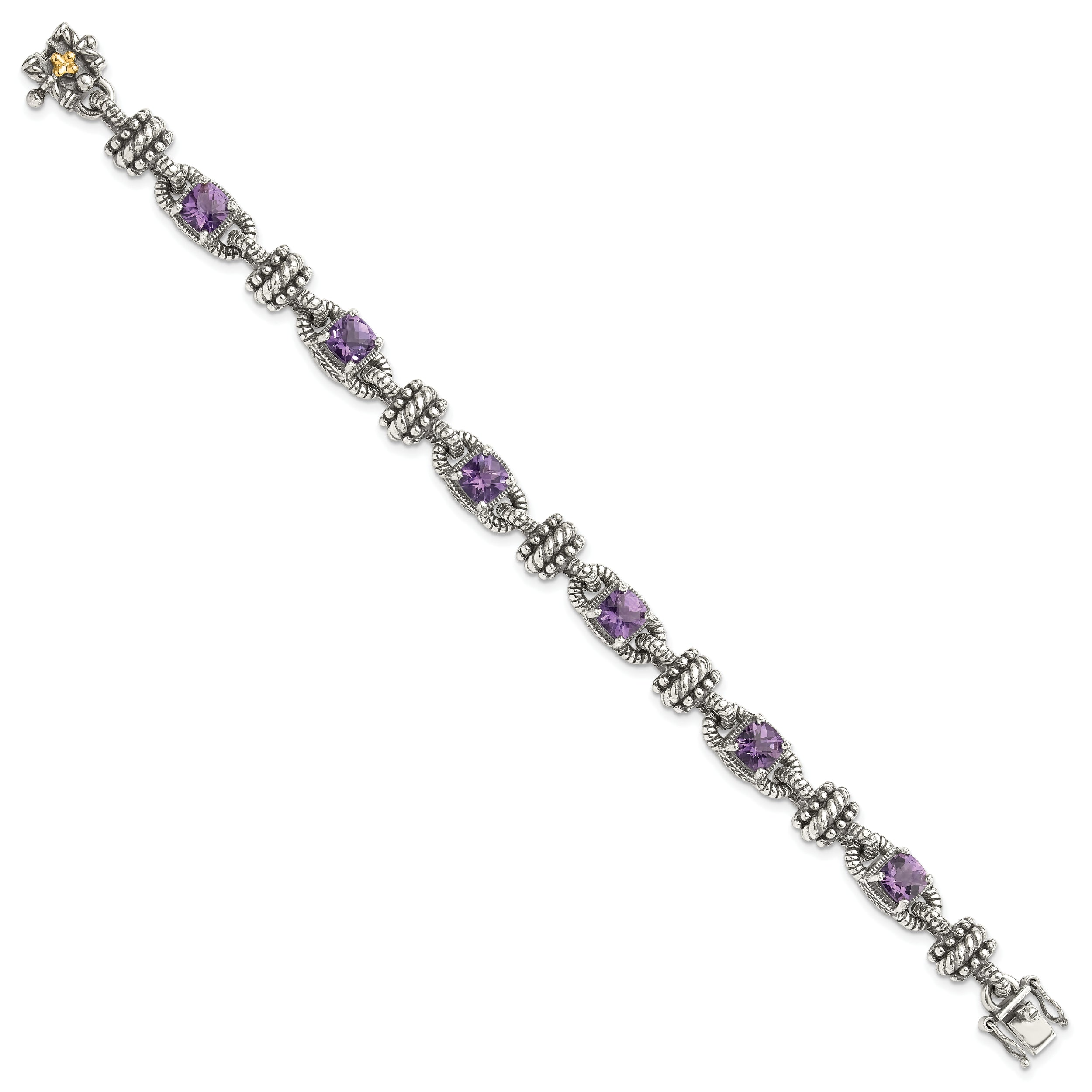 Shey Couture Sterling Silver with 14K Accent 7.5 Inch Antiqued Cushion Amethyst Bracelet