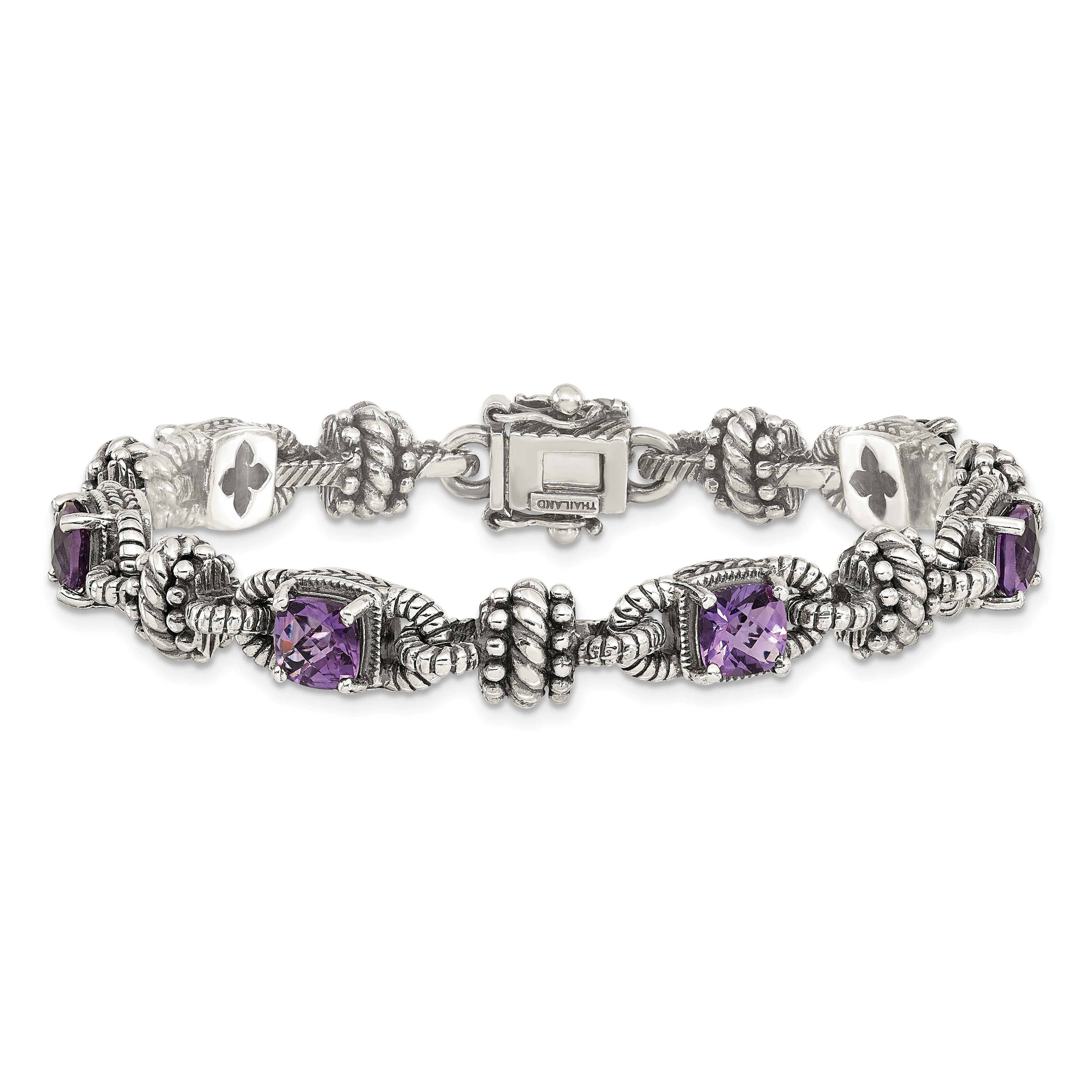 Shey Couture Sterling Silver with 14K Accent 7.5 Inch Antiqued Cushion Amethyst Bracelet