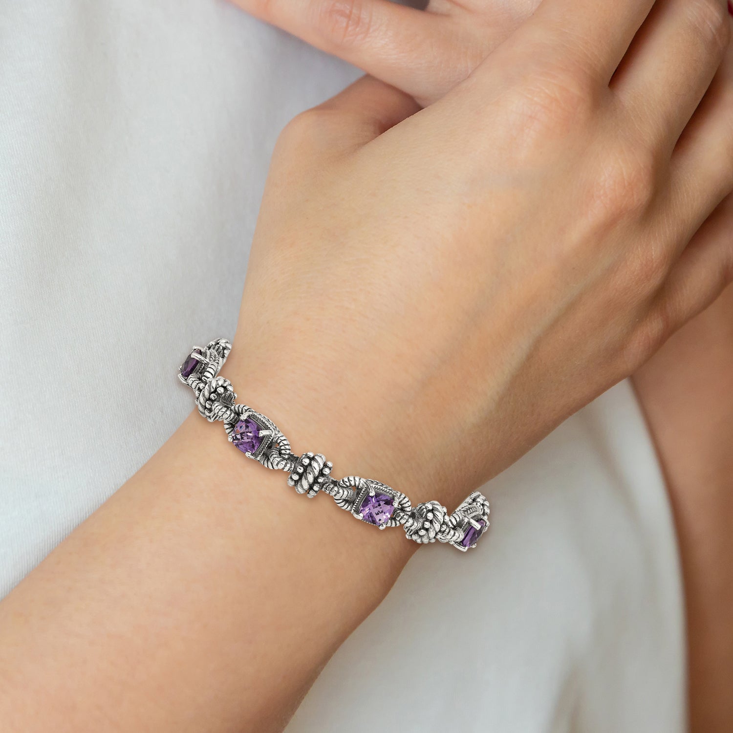 Shey Couture Sterling Silver with 14K Accent 7.5 Inch Antiqued Cushion Amethyst Bracelet