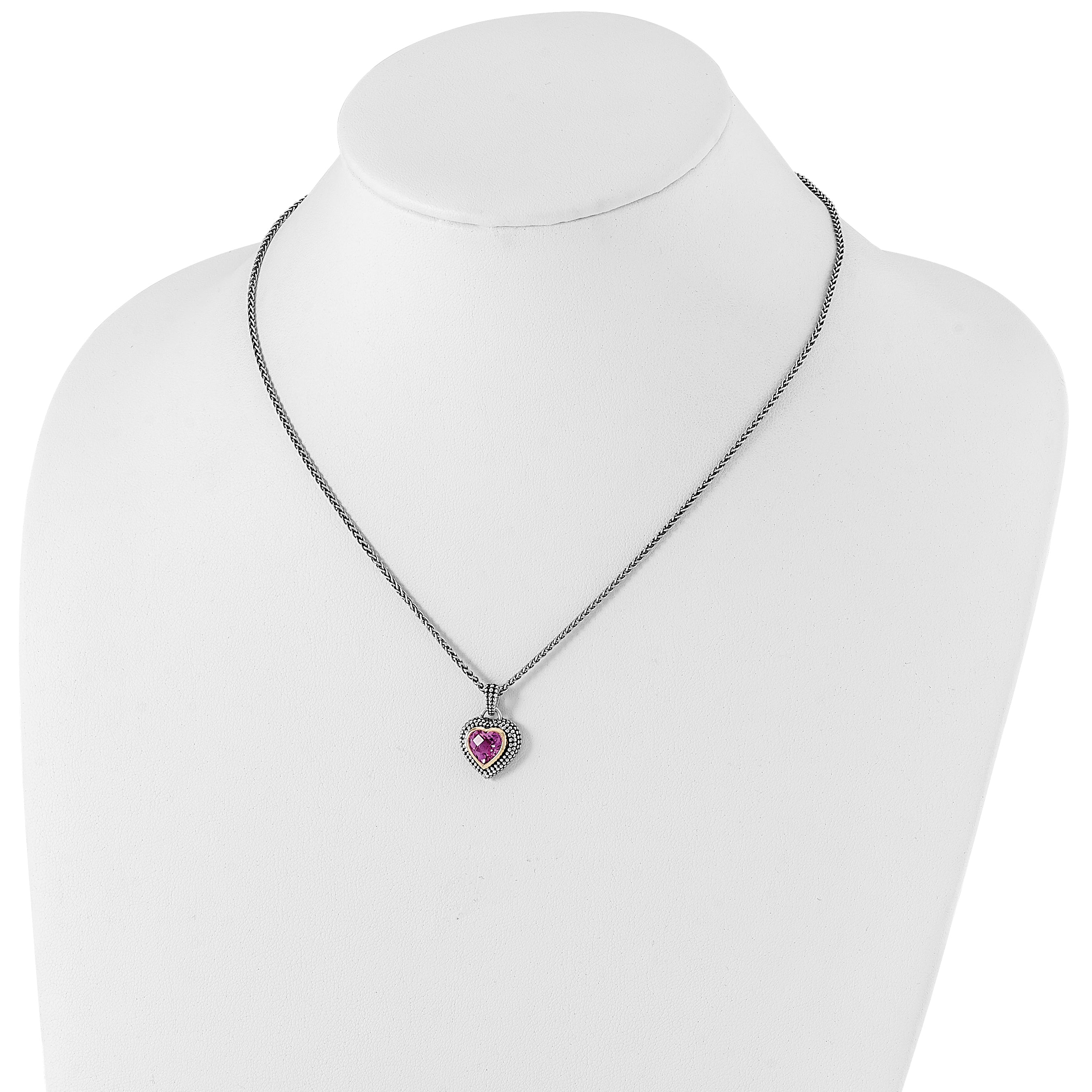 Shey Couture Sterling Silver with 14K Accent 18 Inch Antiqued Heart Bezel Created Pink Sapphire Necklace