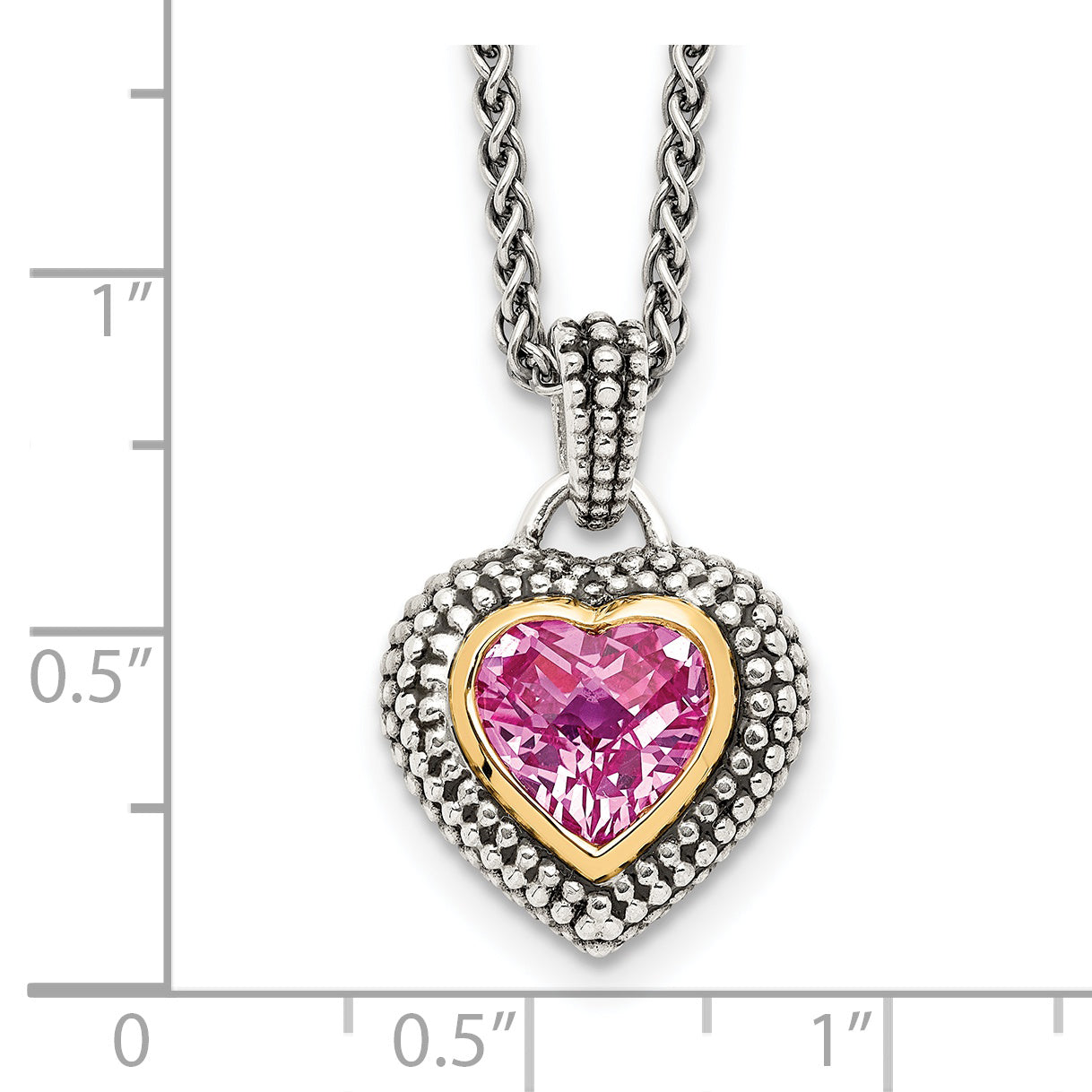 Shey Couture Sterling Silver with 14K Accent 18 Inch Antiqued Heart Bezel Created Pink Sapphire Necklace