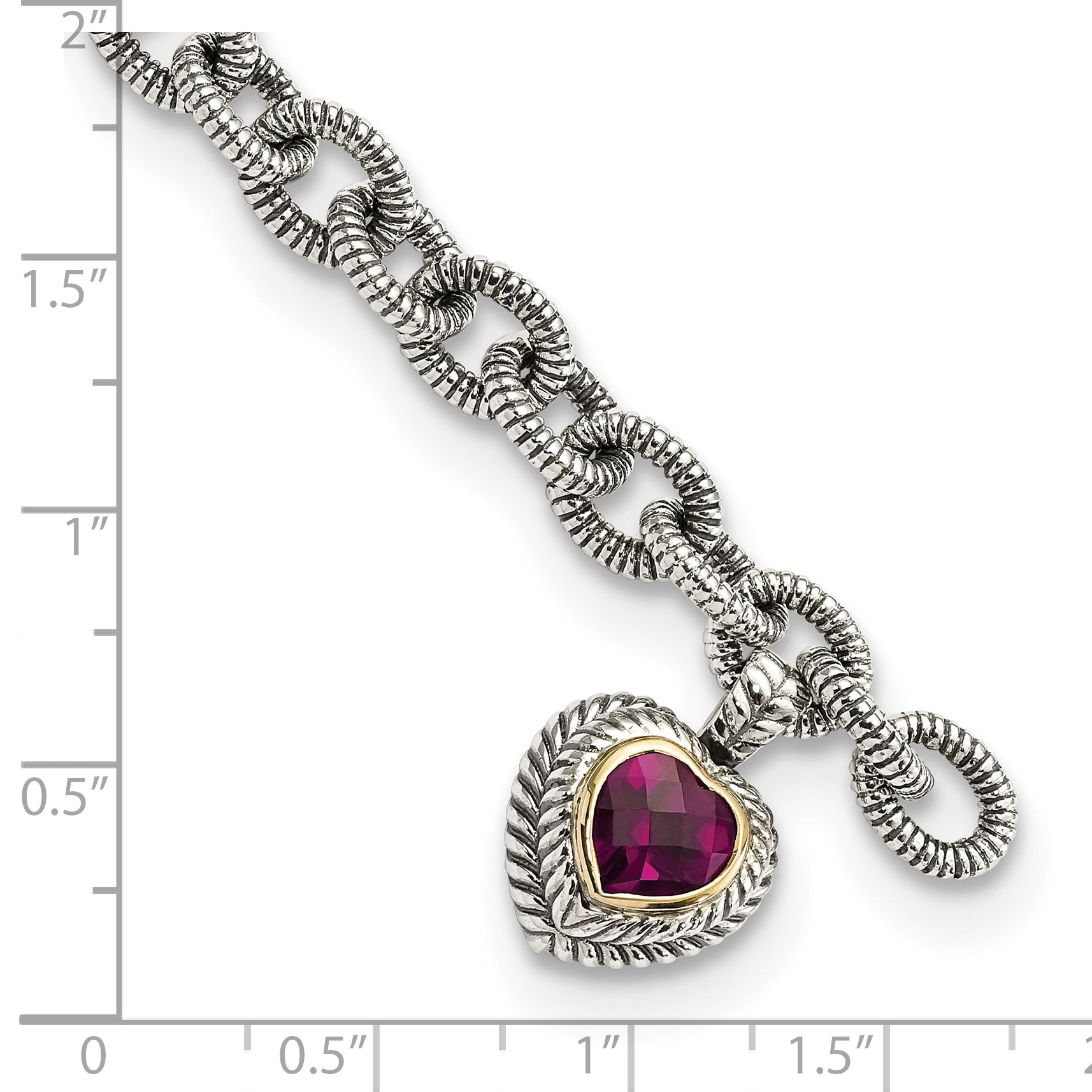 Shey Couture Sterling Silver with 14K Accent 7.5 Inch Antiqued Heart Bezel Rhodolite Garnet Bracelet