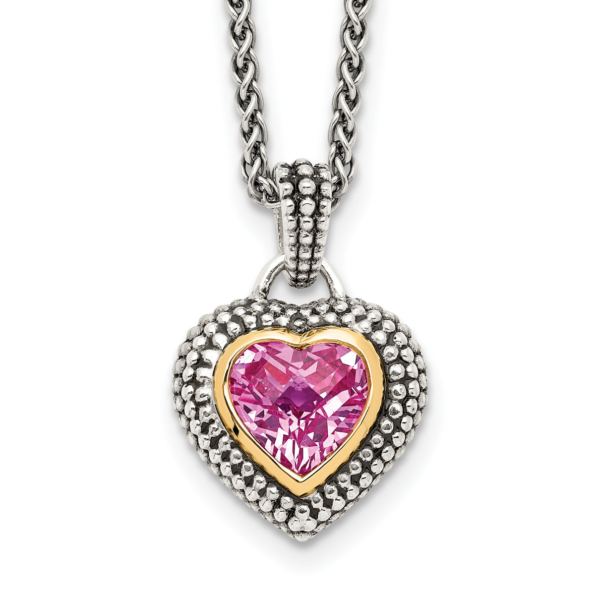 Shey Couture Sterling Silver with 14K Accent 18 Inch Antiqued Heart Bezel Created Pink Sapphire Necklace