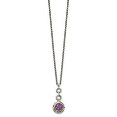 Shey Couture Sterling Silver Gold-tone Flash Gold-plated 18 Inch Antiqued Round Bezel Amethyst Necklace