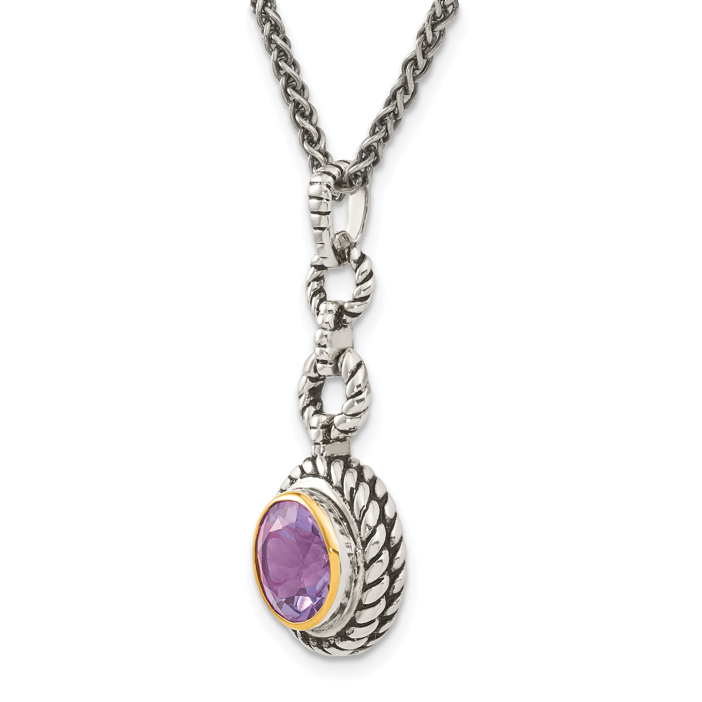 Shey Couture Sterling Silver Gold-tone Flash Gold-plated 18 Inch Antiqued Round Bezel Amethyst Necklace