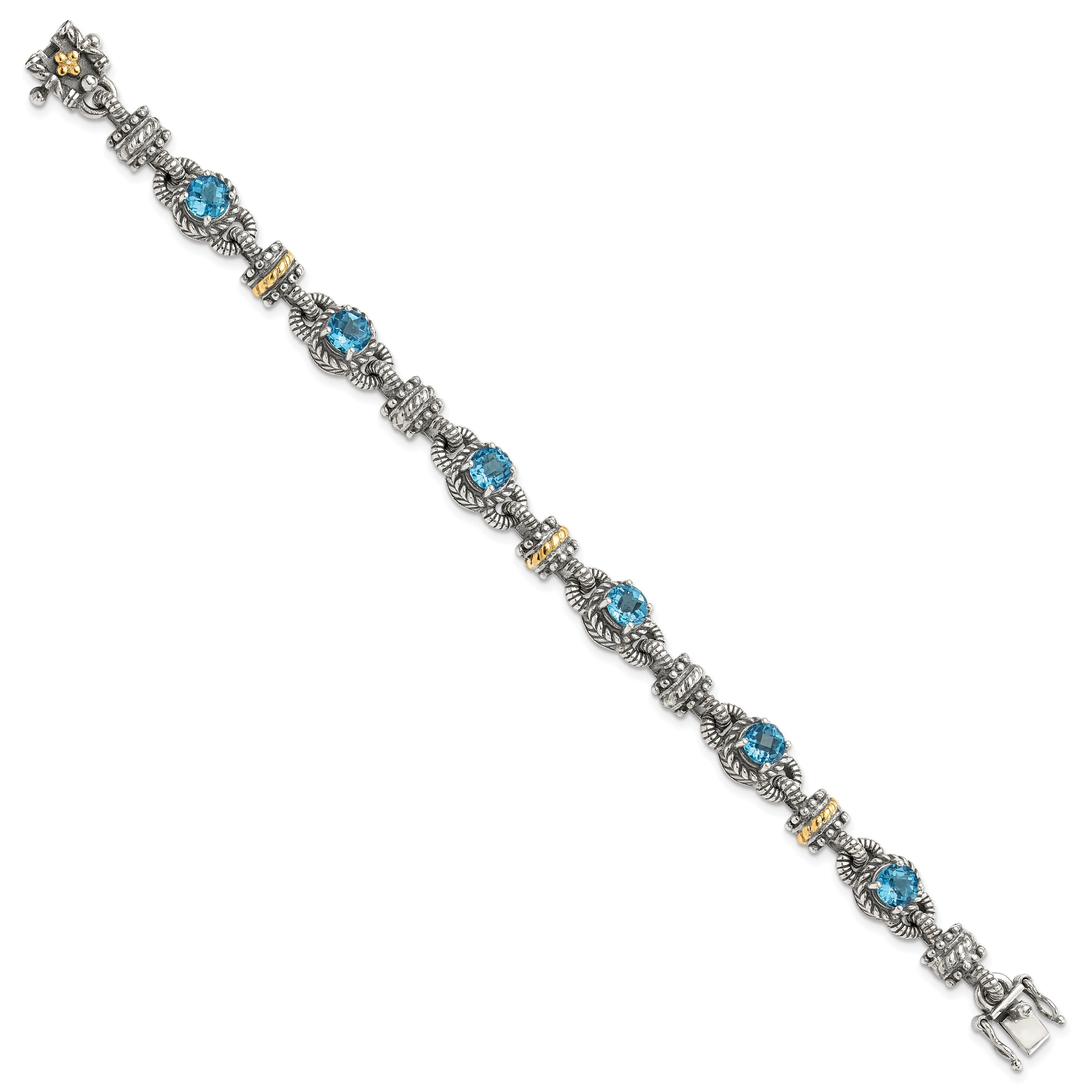 Shey Couture Sterling Silver with 14K Accent 7.5 Inch Antiqued Round Swiss Blue Topaz Bracelet