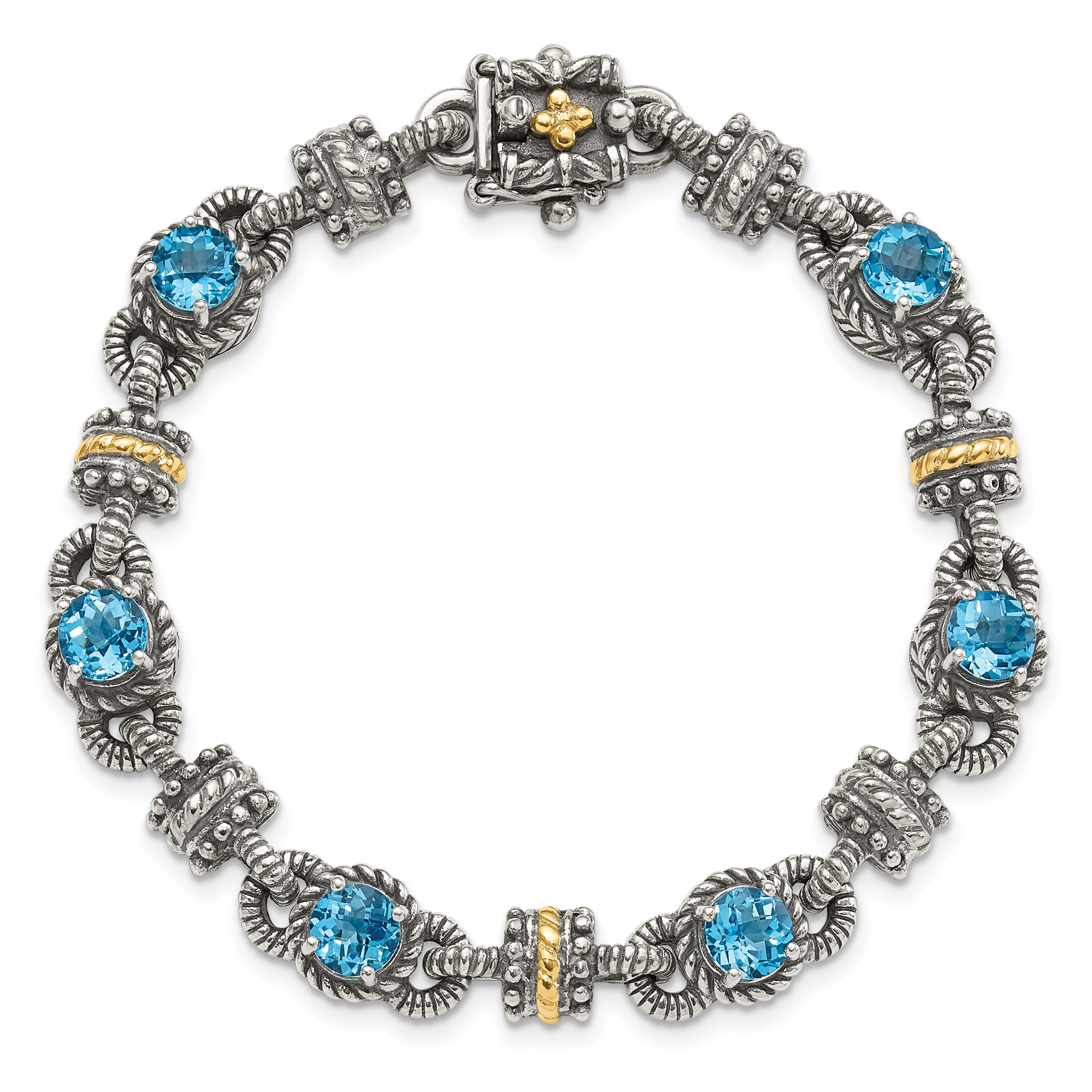 Shey Couture Sterling Silver with 14K Accent 7.5 Inch Antiqued Round Swiss Blue Topaz Bracelet