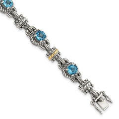 Shey Couture Sterling Silver with 14K Accent 7.5 Inch Antiqued Round Swiss Blue Topaz Bracelet