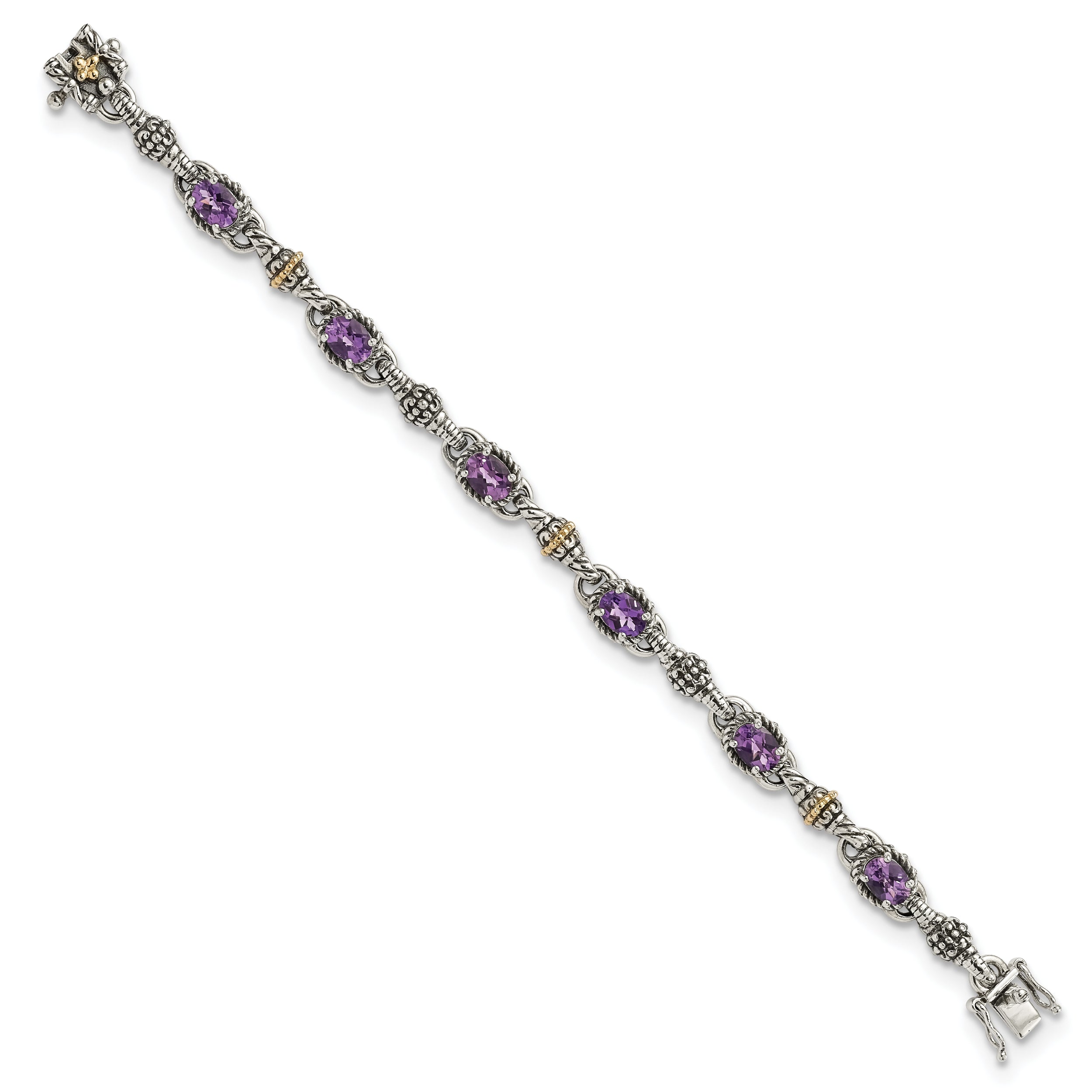 Shey Couture Sterling Silver with 14K Accent 7.25 Inch Antiqued Oval Amethyst Bracelet