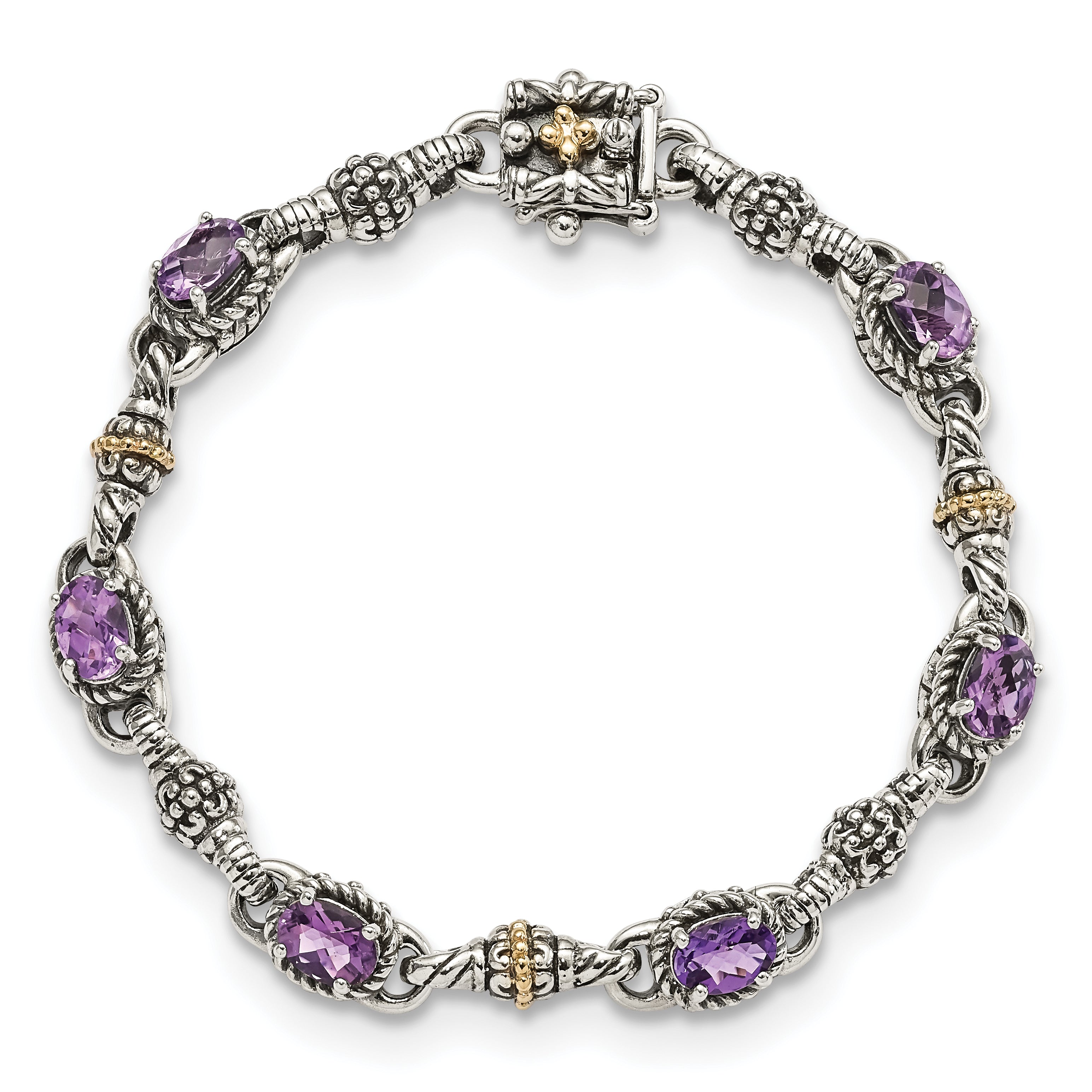 Shey Couture Sterling Silver with 14K Accent 7.25 Inch Antiqued Oval Amethyst Bracelet