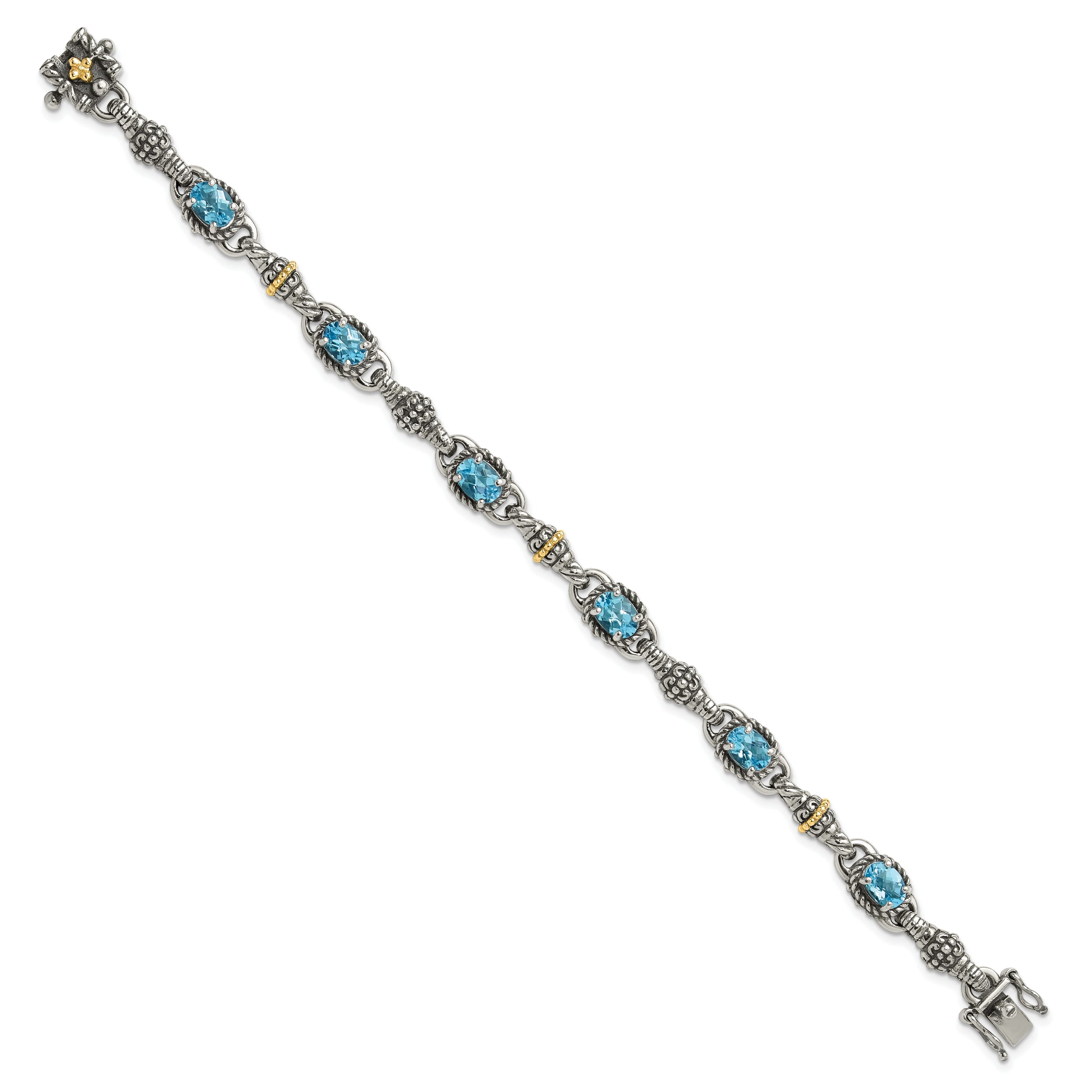 Shey Couture Sterling Silver with 14K Accent 7.25 Inch Antiqued Oval Swiss Blue Topaz Bracelet