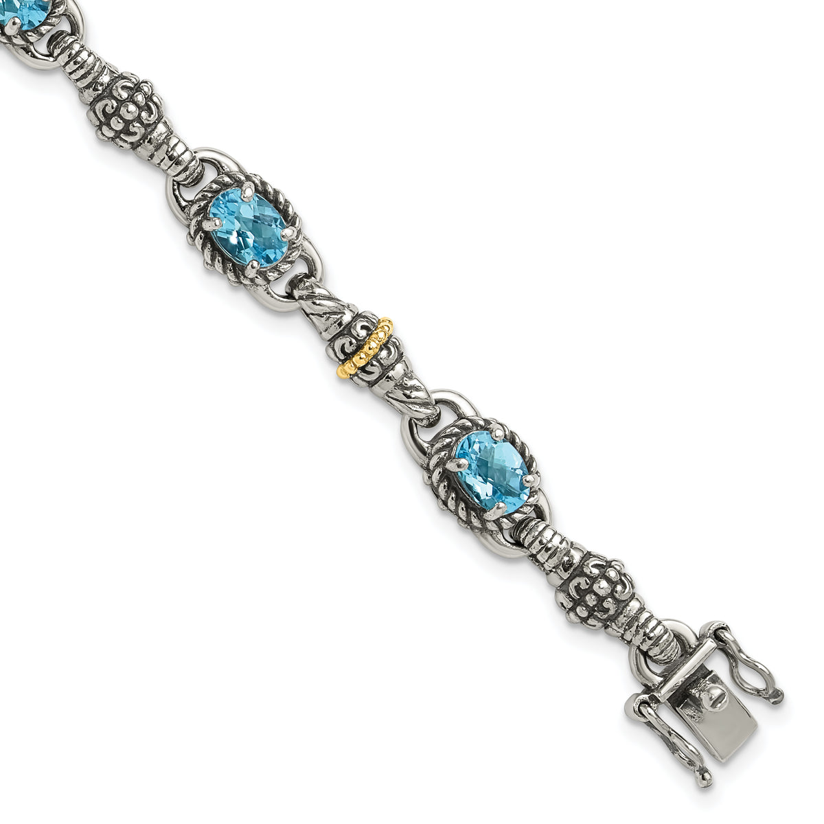 Shey Couture Sterling Silver with 14K Accent 7.25 Inch Antiqued Oval Swiss Blue Topaz Bracelet