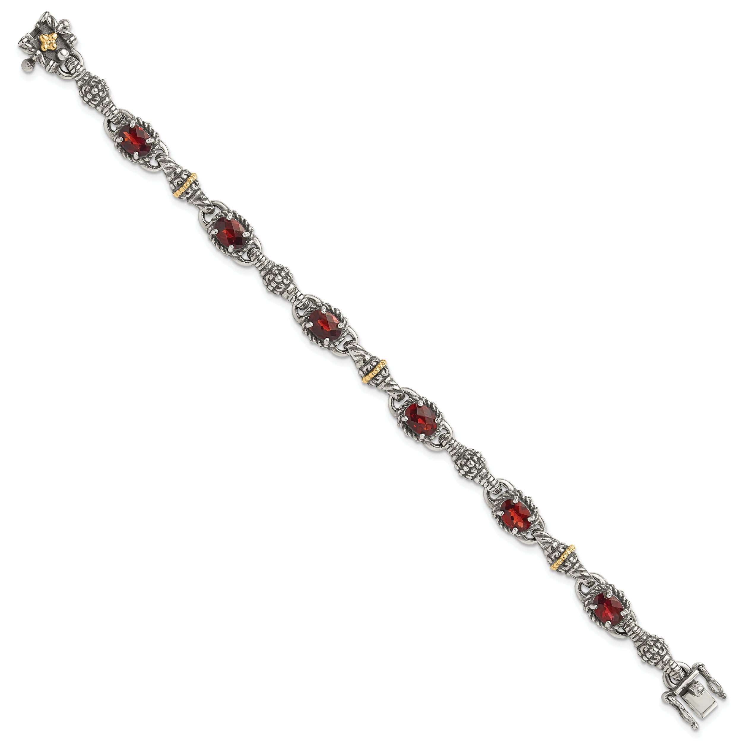 Shey Couture Sterling Silver with 14K Accent Antiqued Oval Garnet 7.25 inch Bracelet