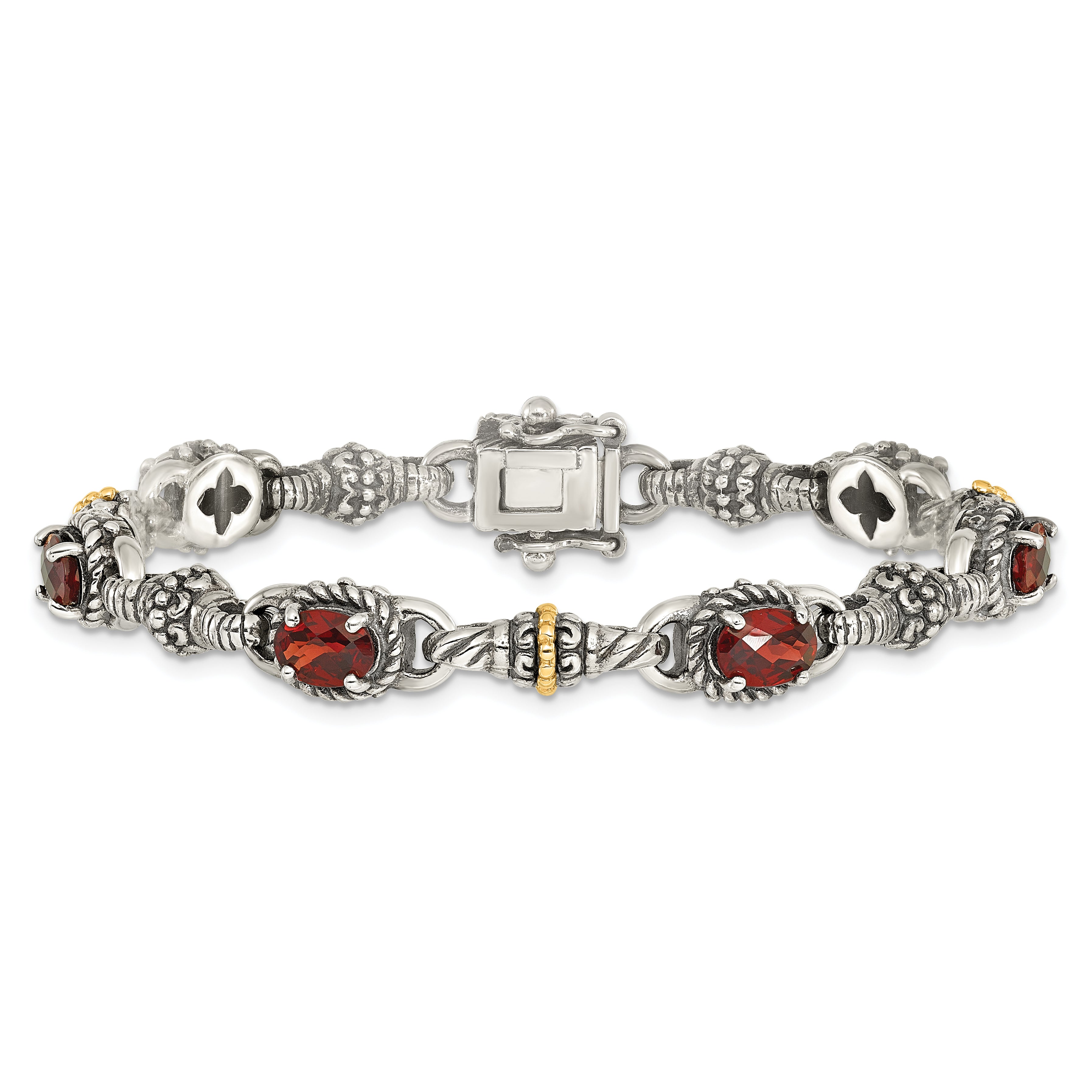 Shey Couture Sterling Silver with 14K Accent Antiqued Oval Garnet 7.25 inch Bracelet