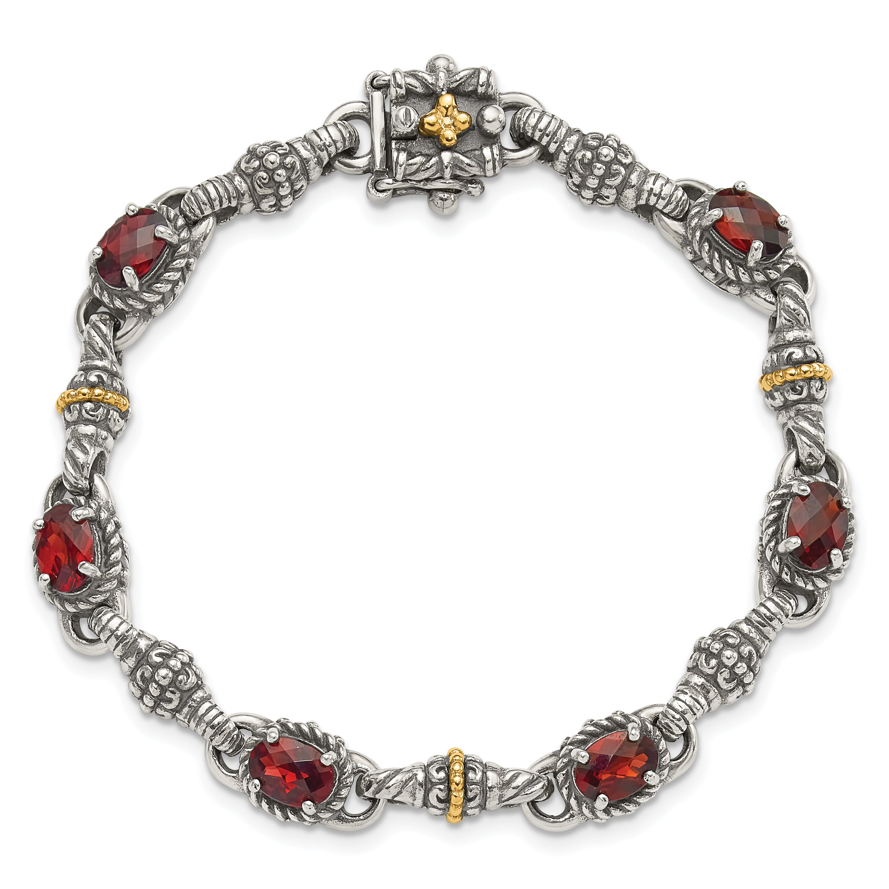 Shey Couture Sterling Silver with 14K Accent Antiqued Oval Garnet 7.25 inch Bracelet