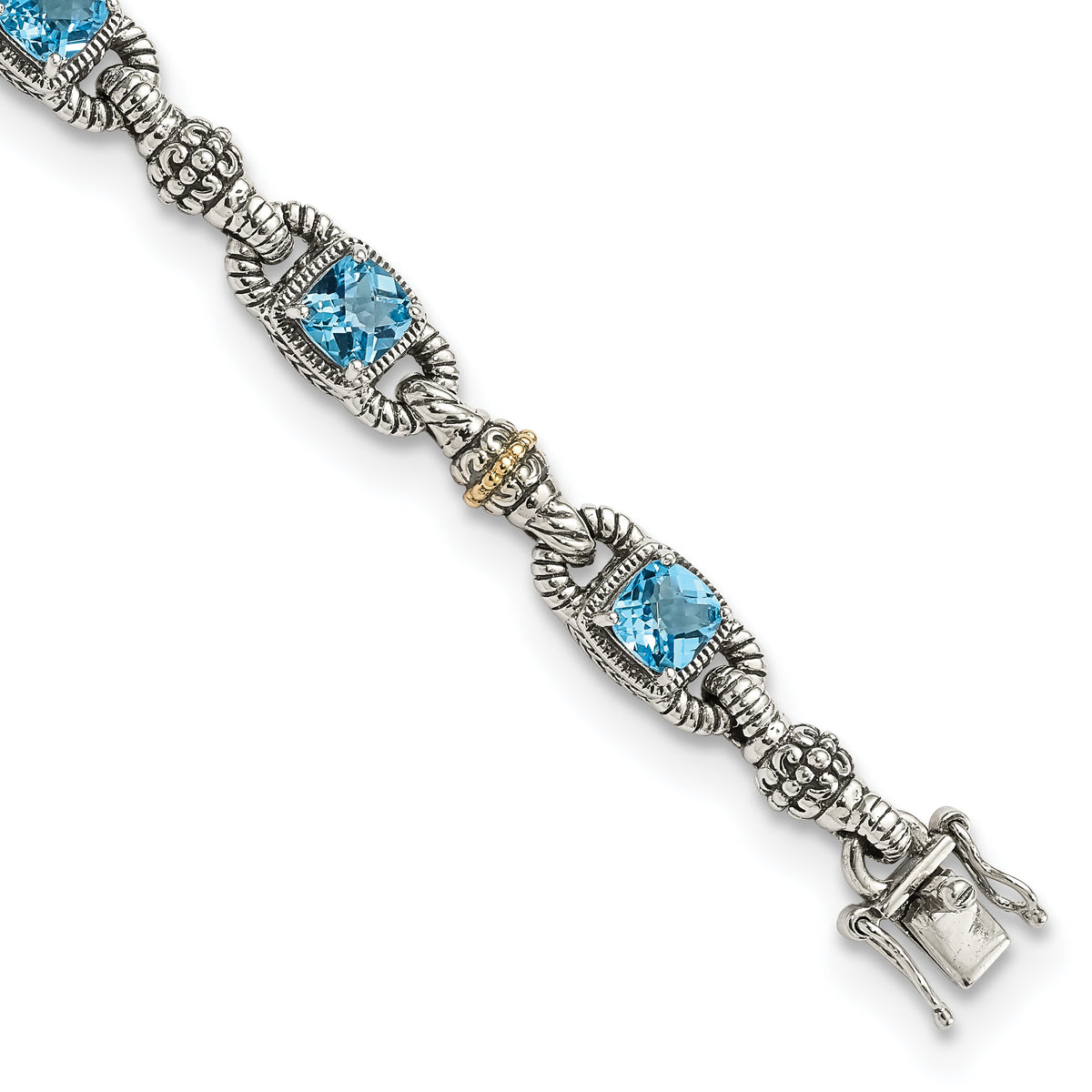 Shey Couture Sterling Silver with 14K Accent 7.25 Inch Antiqued Cushion Sky Blue Topaz Bracelet