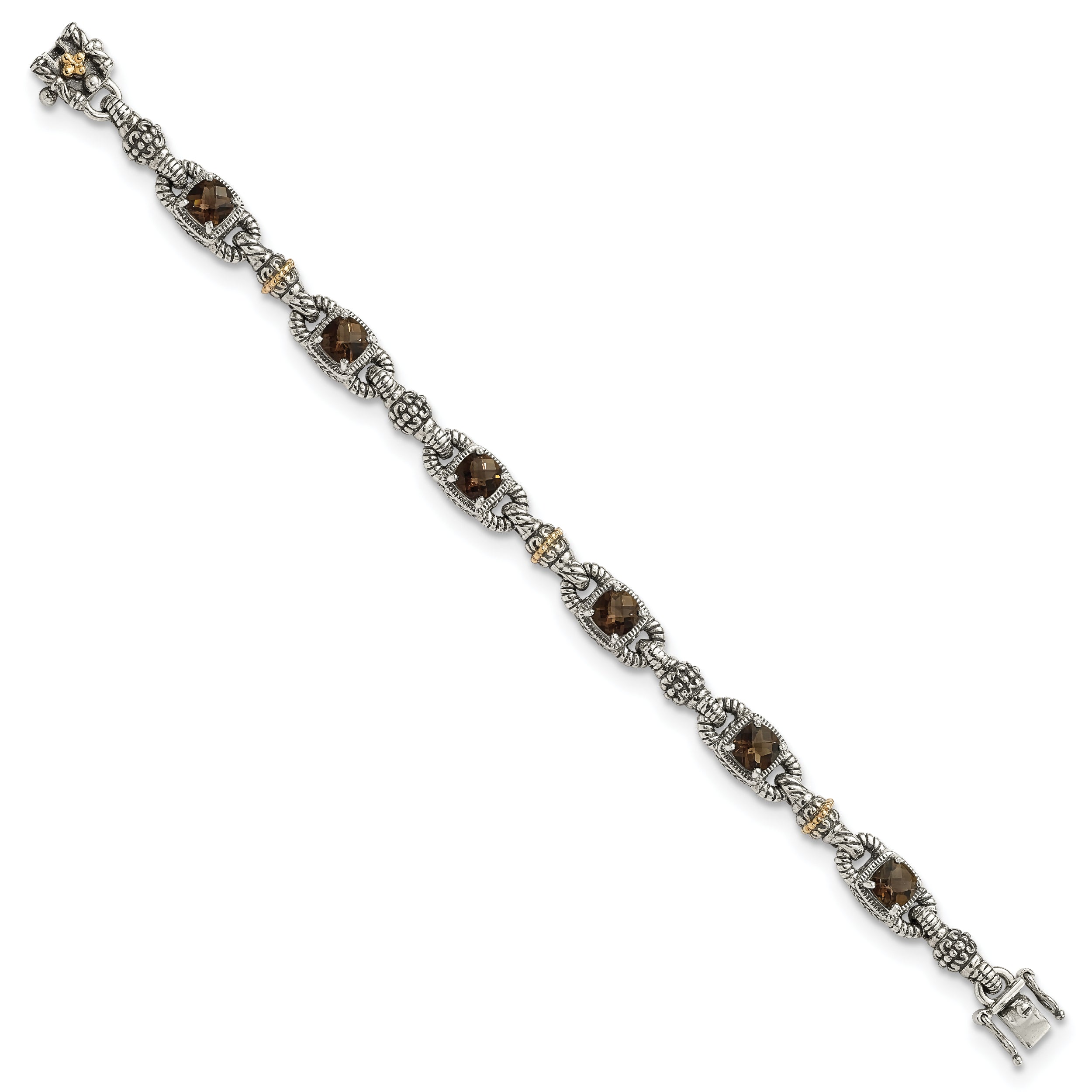 Shey Couture Sterling Silver with 14K Accent 7.25 Inch Antiqued Cushion Checkerboard Smoky Quartz Bracelet