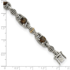 Shey Couture Sterling Silver with 14K Accent 7.25 Inch Antiqued Cushion Checkerboard Smoky Quartz Bracelet