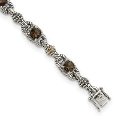 Shey Couture Sterling Silver with 14K Accent 7.25 Inch Antiqued Cushion Checkerboard Smoky Quartz Bracelet