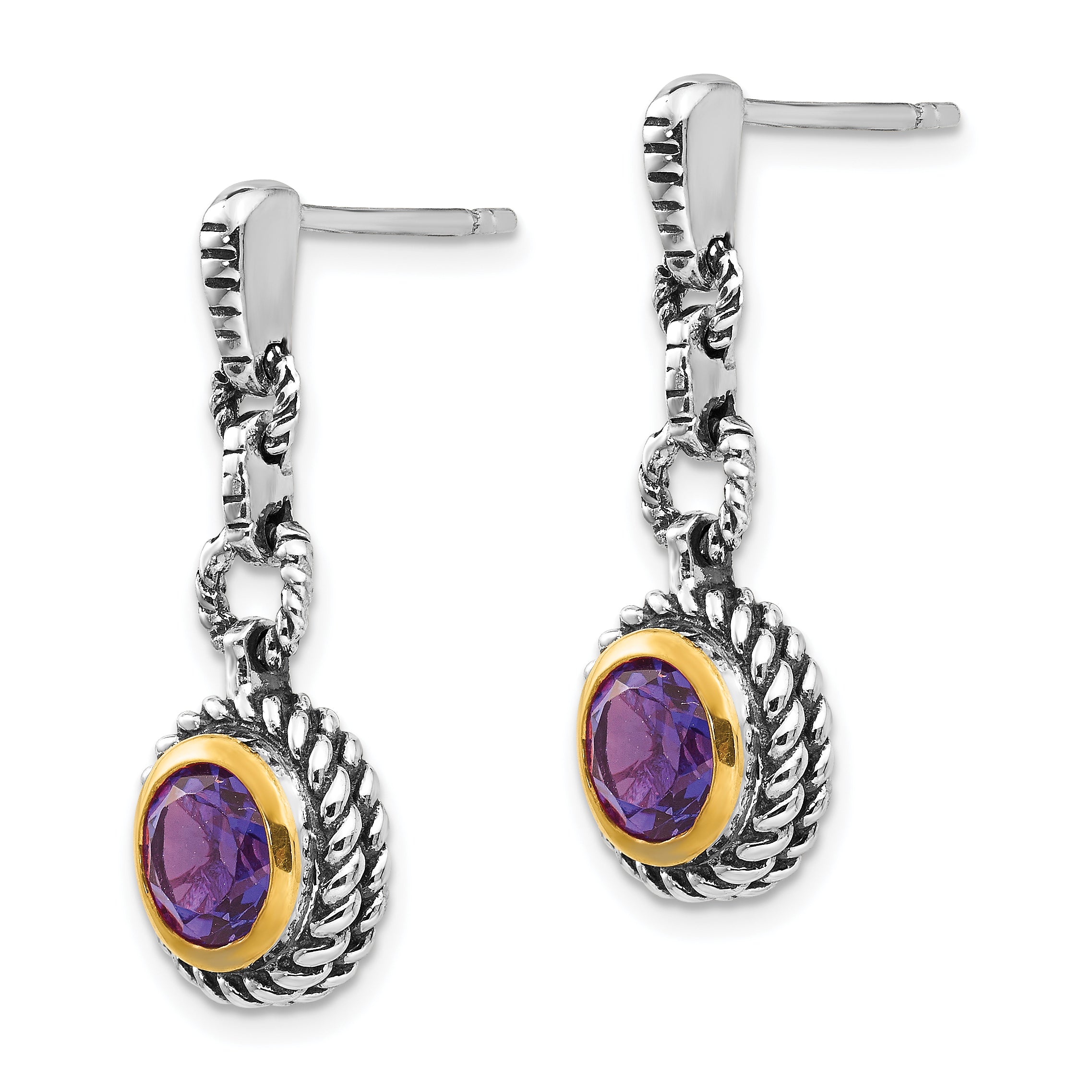 Shey Couture Sterling Silver Gold-tone Flash Gold-plated Antiqued Round Bezel Amethyst Post Dangle Earrings