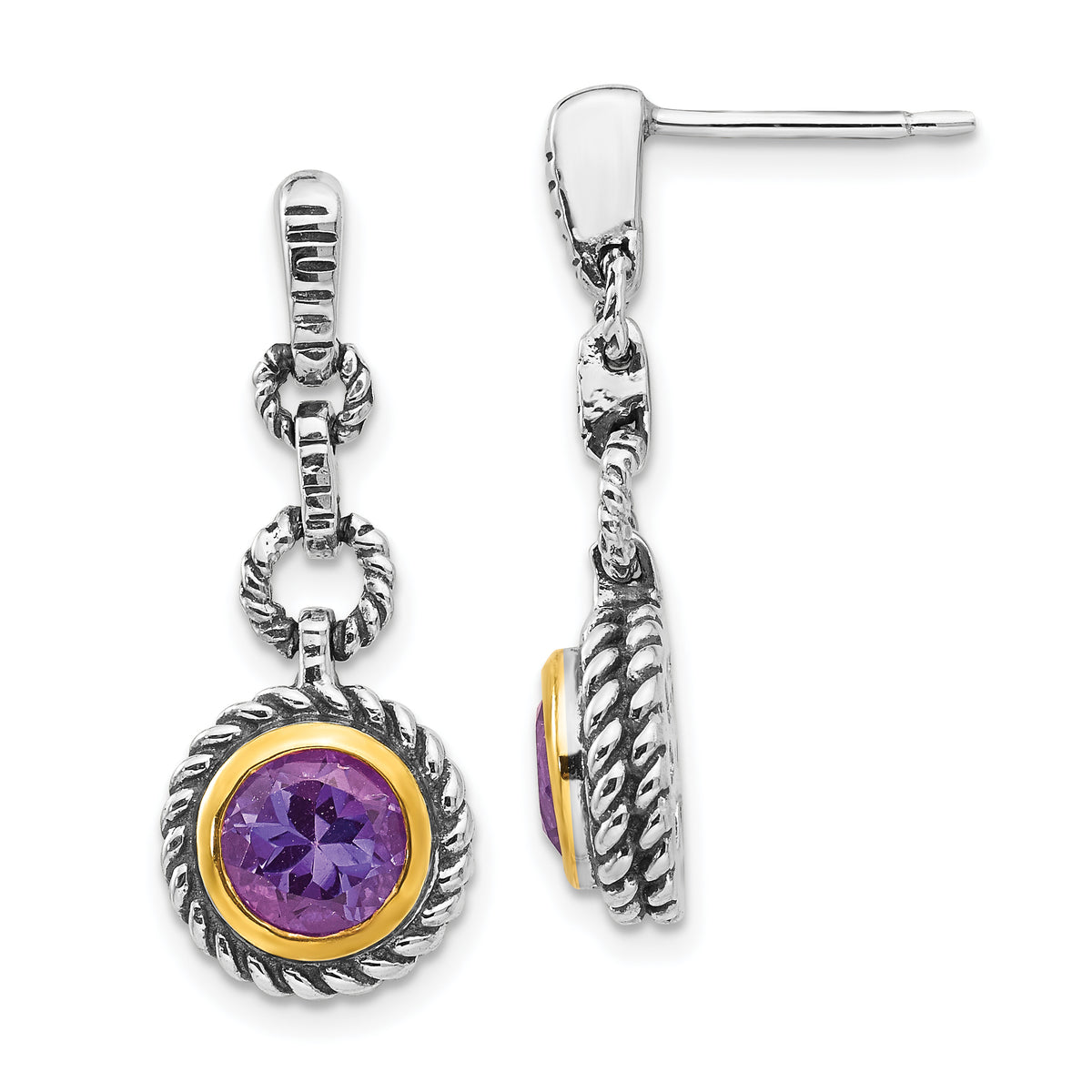 Shey Couture Sterling Silver Gold-tone Flash Gold-plated Antiqued Round Bezel Amethyst Post Dangle Earrings