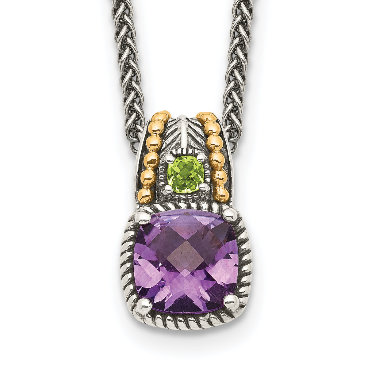 Shey Couture Sterling Silver with 14K Accent 18 Inch Antiqued Cushion 1.85 Amethyst and .21 Peridot Necklace