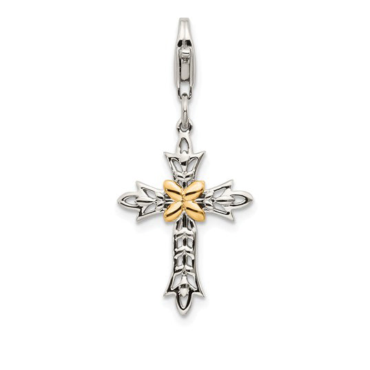 Shey Couture Sterling Silver with 14K Accent Antiqued 3-D Antiqued Cross with Lobster Clasp Charm