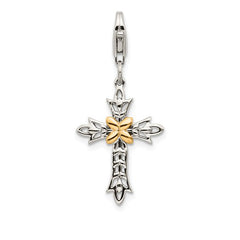 Shey Couture Sterling Silver with 14K Accent Antiqued 3-D Antiqued Cross with Lobster Clasp Charm