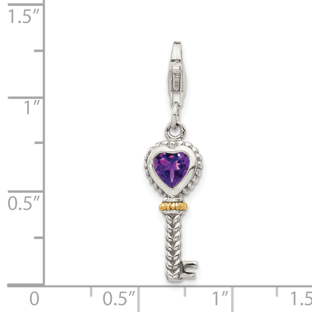 Shey Couture Sterling Silver with 14K Accent Antiqued Heart Amethyst Antiqued Key with Lobster Clasp Charm