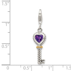 Shey Couture Sterling Silver with 14K Accent Antiqued Heart Amethyst Antiqued Key with Lobster Clasp Charm