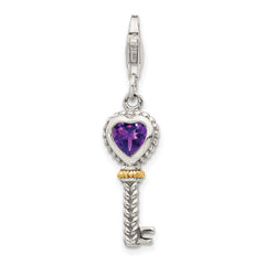 Shey Couture Sterling Silver with 14K Accent Antiqued Heart Amethyst Antiqued Key with Lobster Clasp Charm