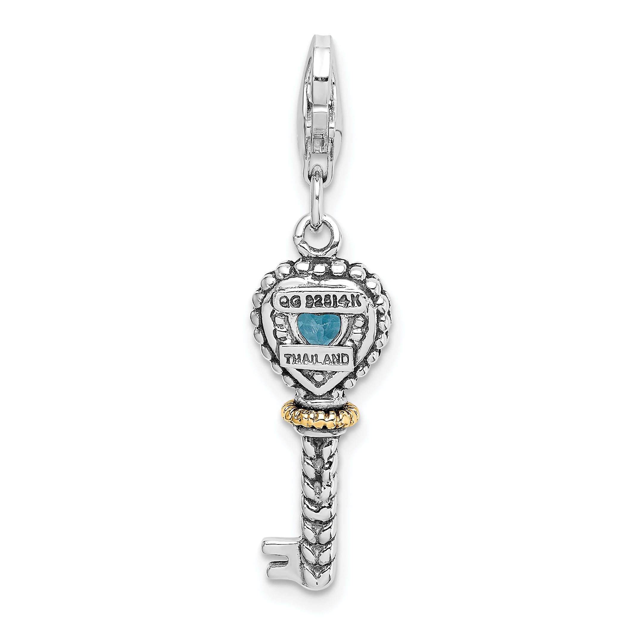 Shey Couture Sterling Silver with 14K Accent Antiqued Heart Bezel Blue Topaz Antique Key with Lobster Clasp Charm