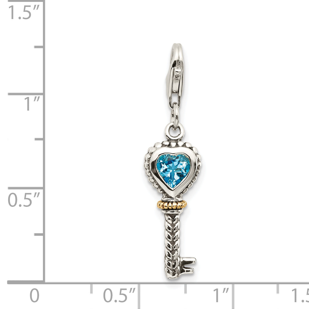 Shey Couture Sterling Silver with 14K Accent Antiqued Heart Bezel Blue Topaz Antique Key with Lobster Clasp Charm