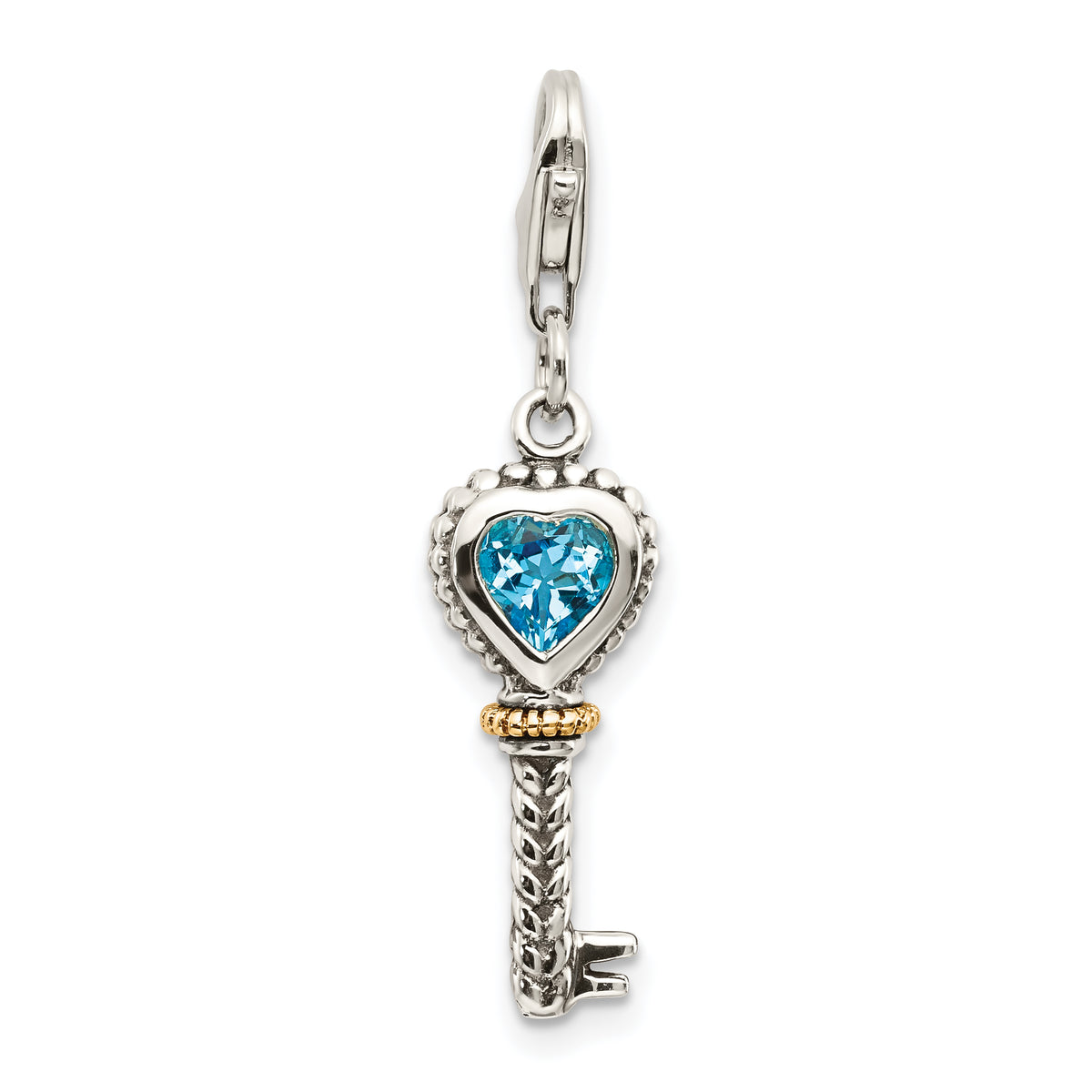 Shey Couture Sterling Silver with 14K Accent Antiqued Heart Bezel Blue Topaz Antique Key with Lobster Clasp Charm