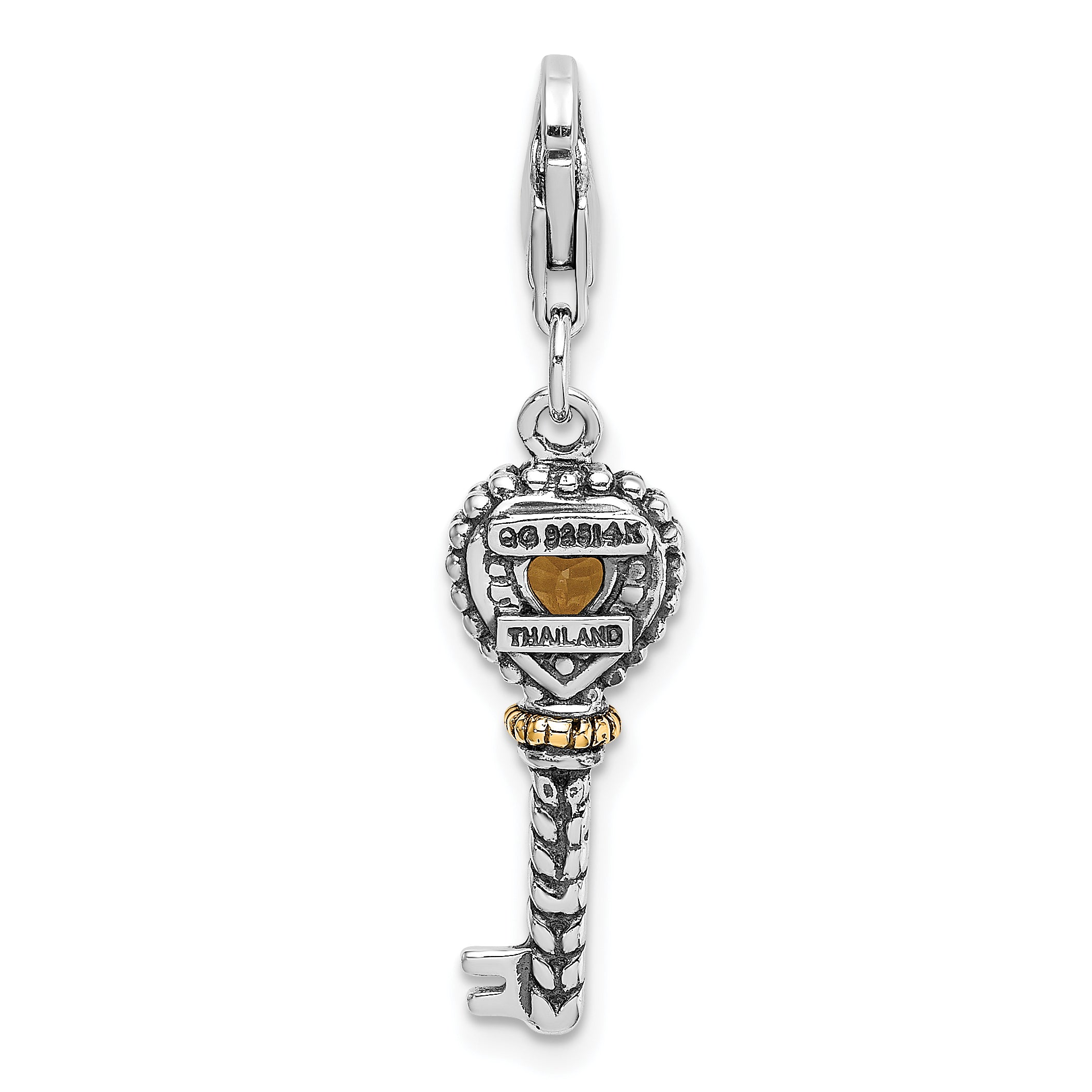 Shey Couture Sterling Silver with 14K Accent Antiqued Heart Citrine Key with Lobster Clasp Charm