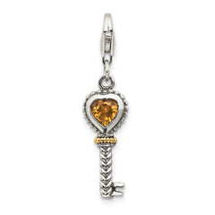 Shey Couture Sterling Silver with 14K Accent Antiqued Heart Citrine Key with Lobster Clasp Charm