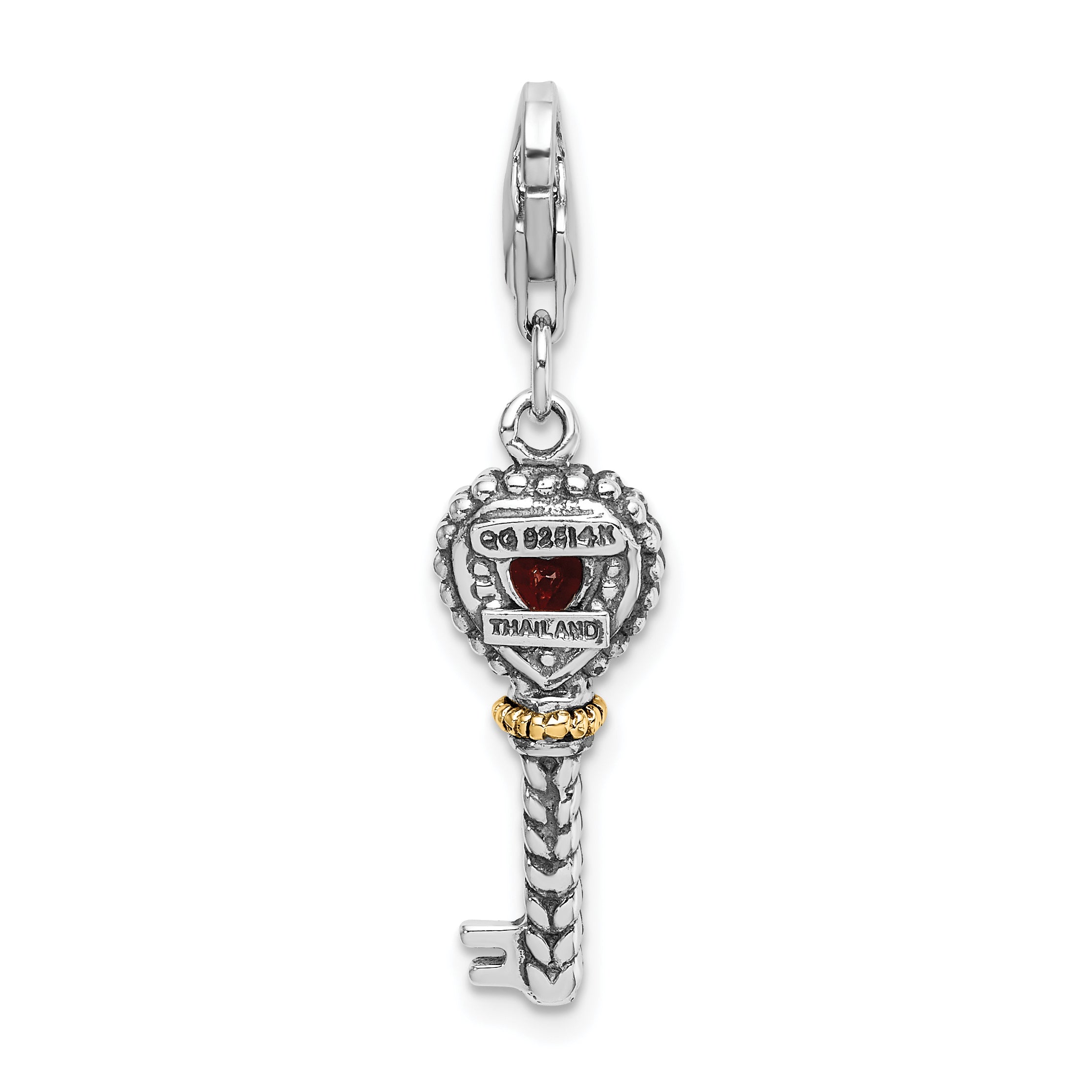 Shey Couture Sterling Silver with 14K Accent Antiqued Garnet Key with Lobster Clasp Charm