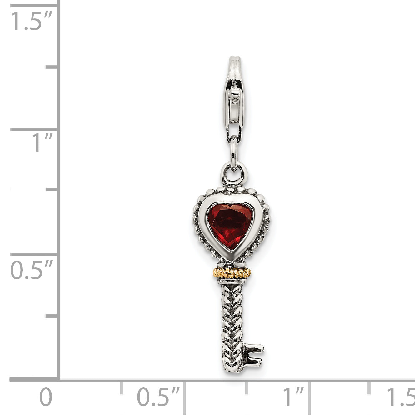 Shey Couture Sterling Silver with 14K Accent Antiqued Garnet Key with Lobster Clasp Charm