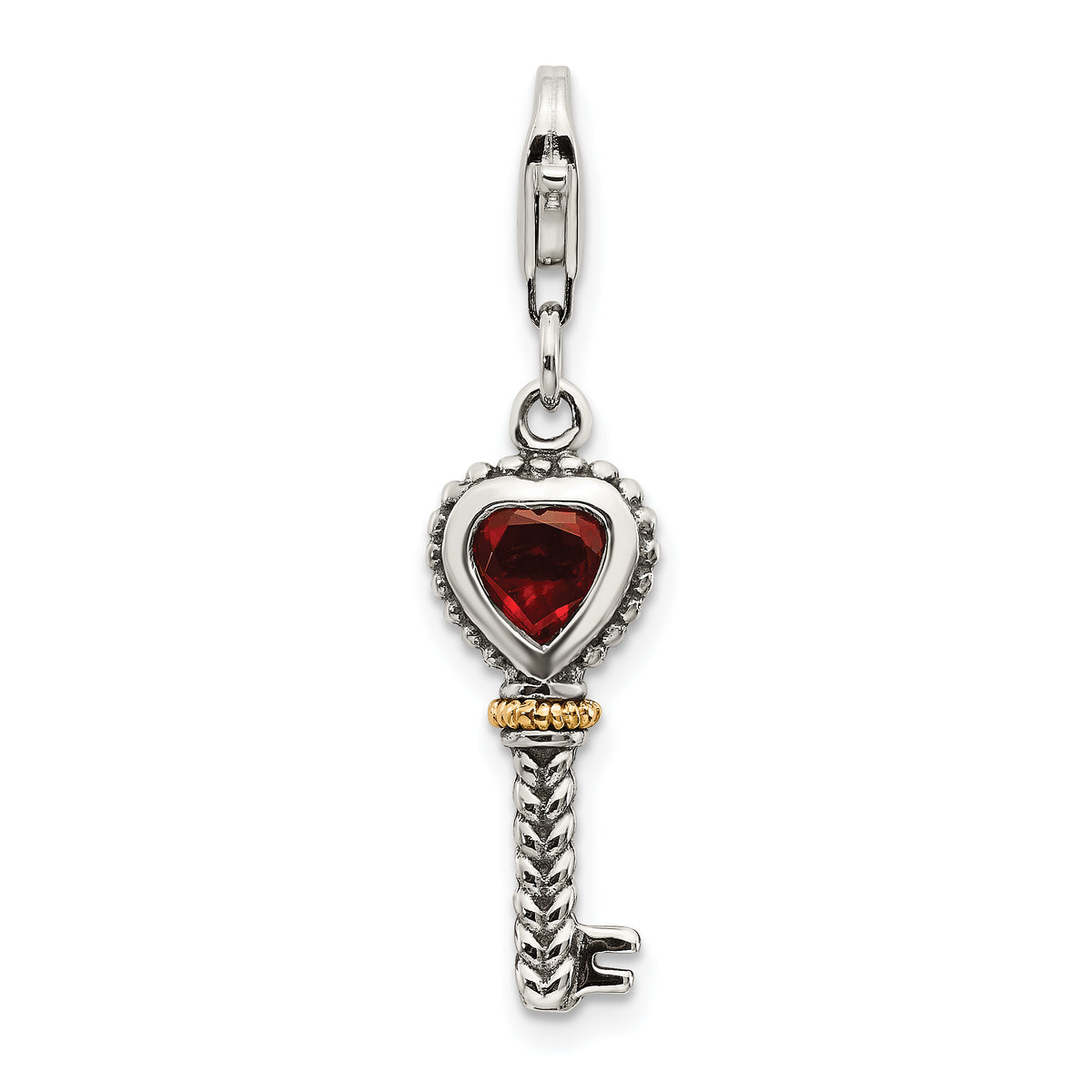 Shey Couture Sterling Silver with 14K Accent Antiqued Garnet Key with Lobster Clasp Charm