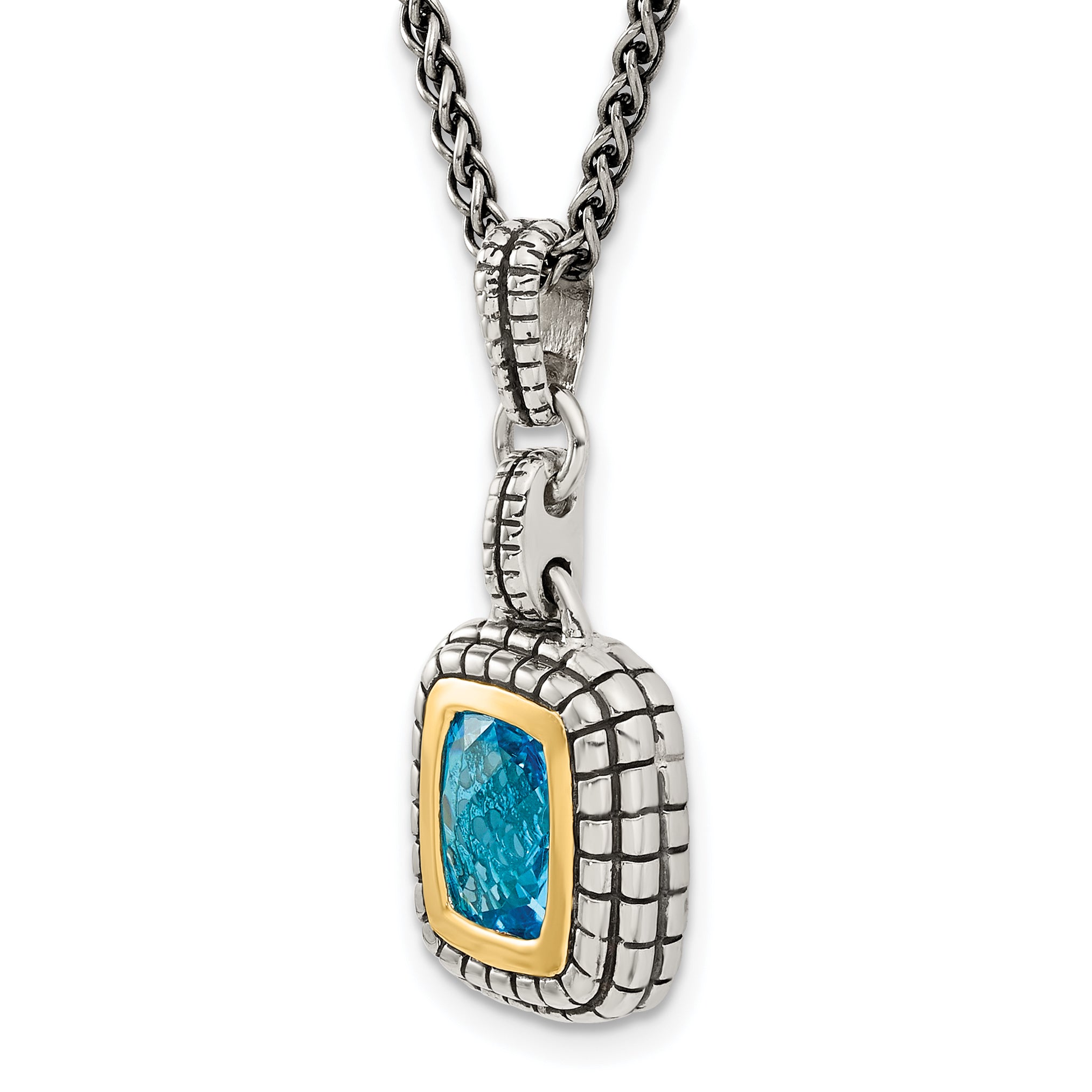 Shey Couture Sterling Silver with 14K Accent 18 Inch Antiqued Cushion Bezel Swiss Blue Topaz Necklace