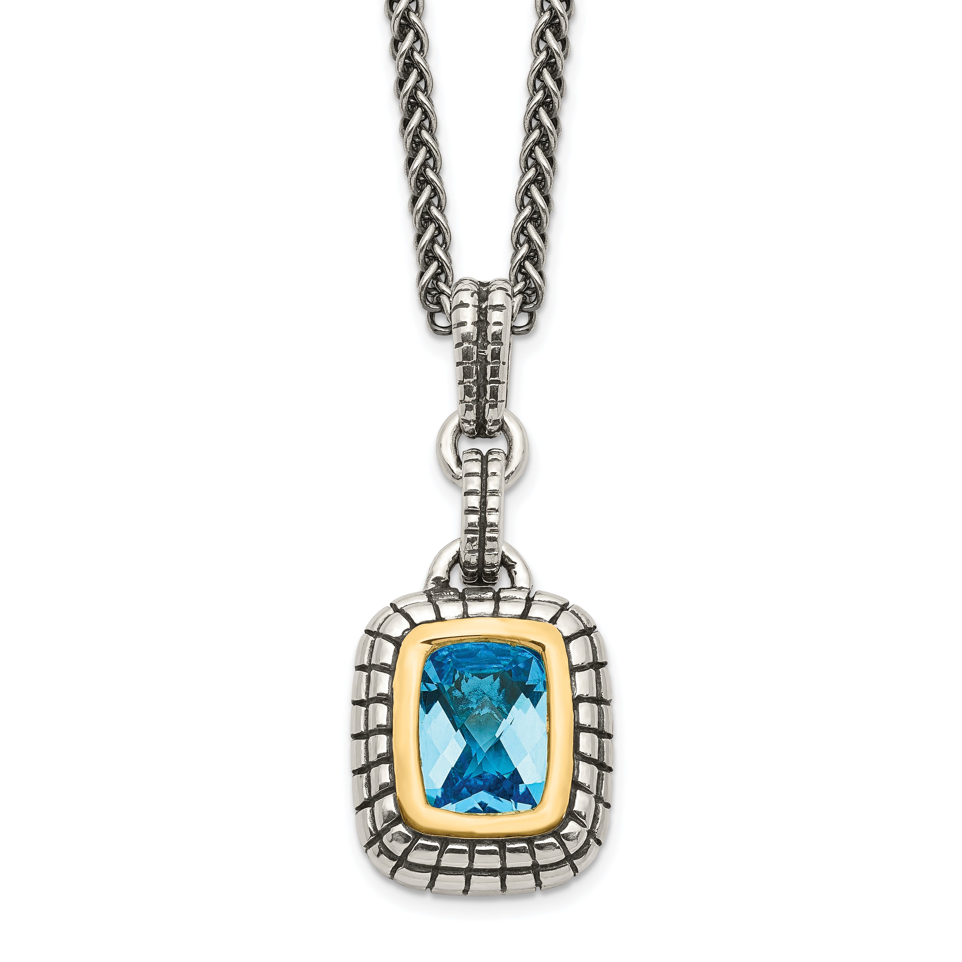 Shey Couture Sterling Silver with 14K Accent 18 Inch Antiqued Cushion Bezel Swiss Blue Topaz Necklace